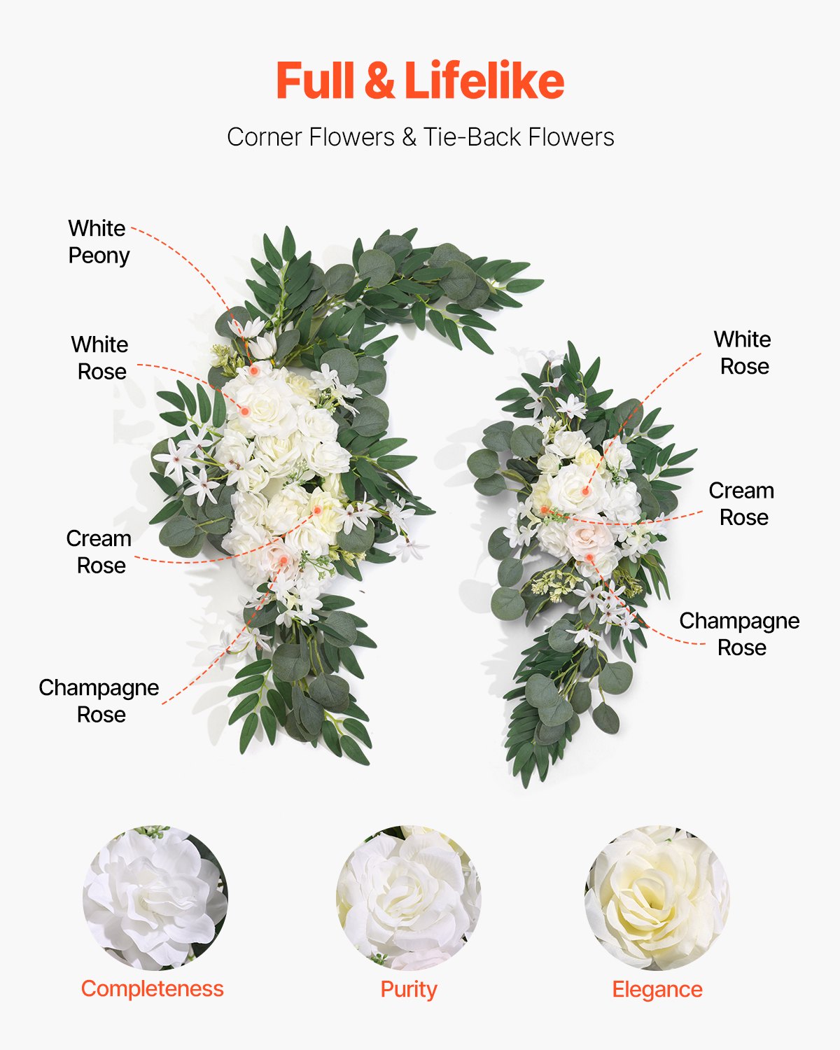 Artificial Wedding Arch Flowers Kit, White 3-Pack with Drapes for Ceremony Decor