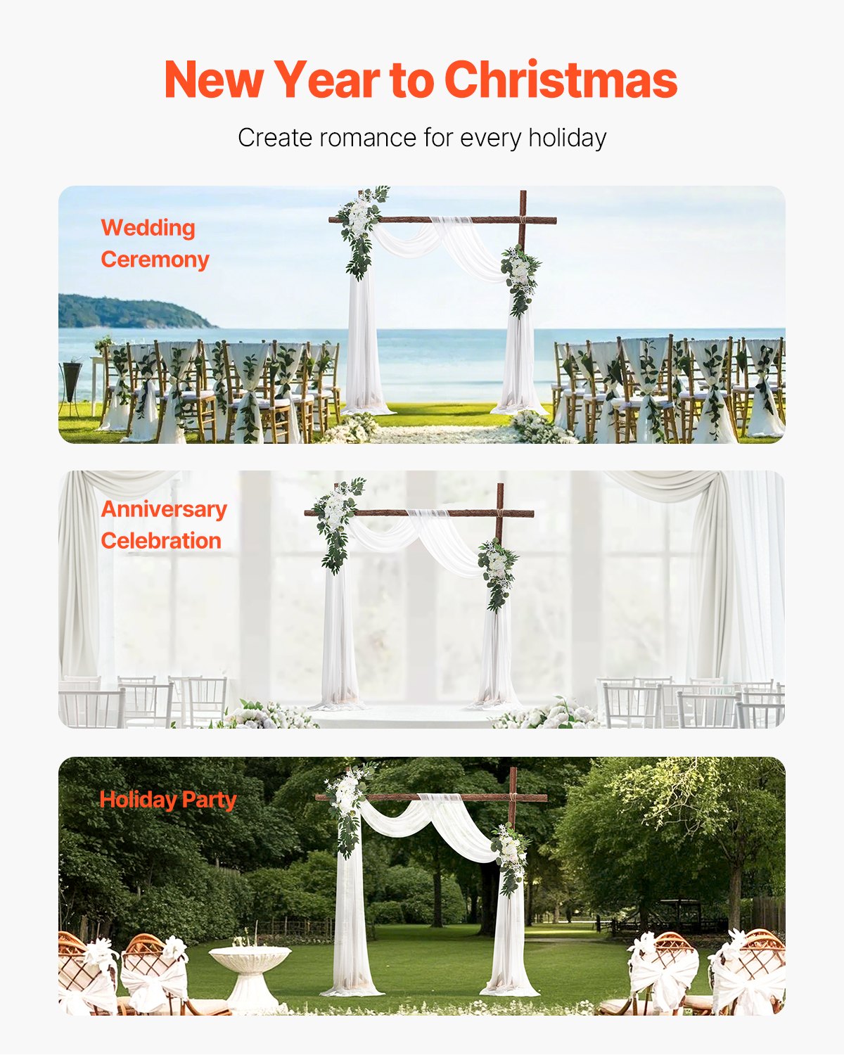 Artificial Wedding Arch Flowers Kit, White 3-Pack with Drapes for Ceremony Decor