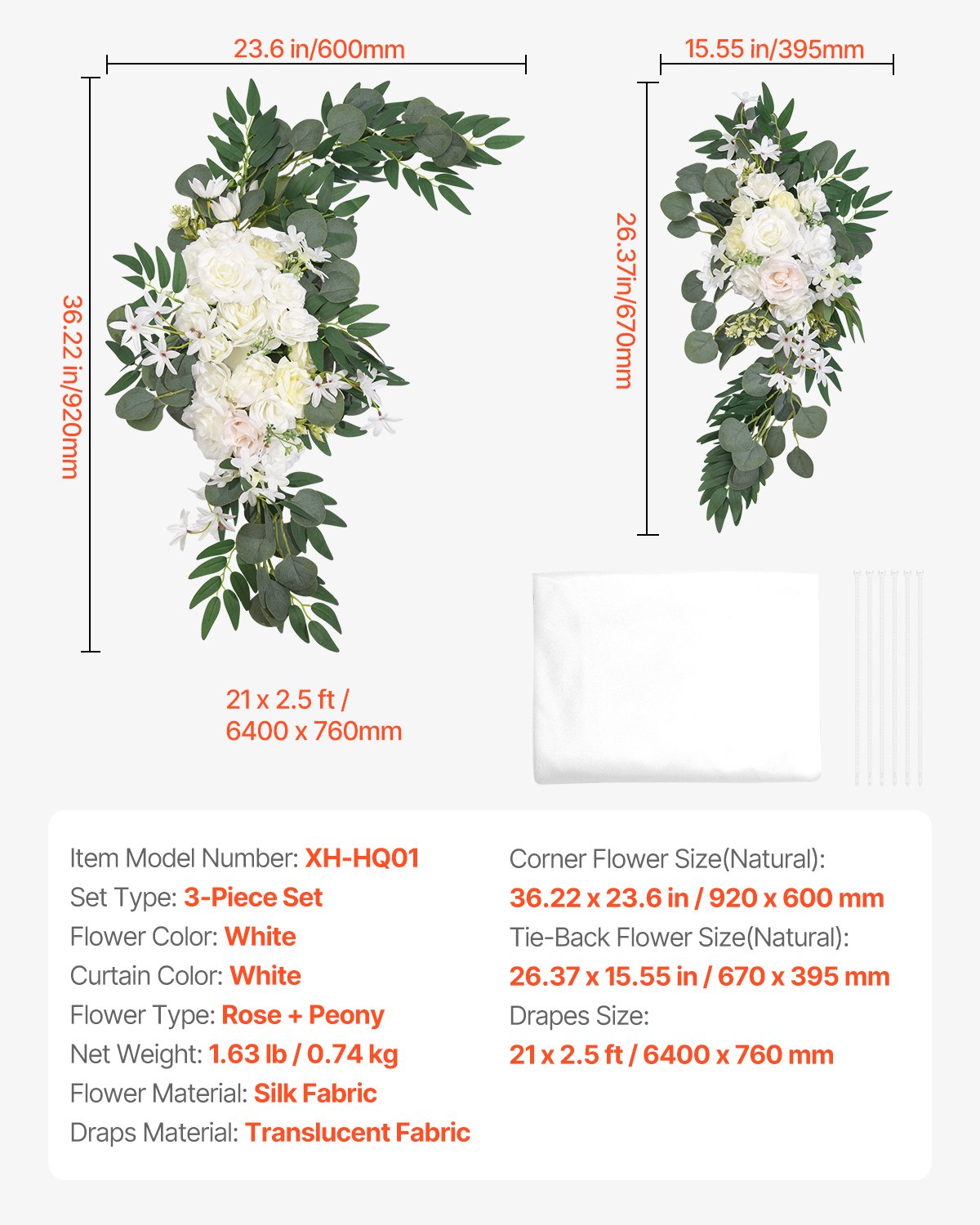 Artificial Wedding Arch Flowers Kit, White 3-Pack with Drapes for Ceremony Decor