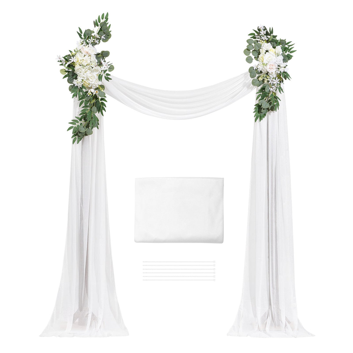 Artificial Wedding Arch Flowers Kit, White 3-Pack with Drapes for Ceremony Decor