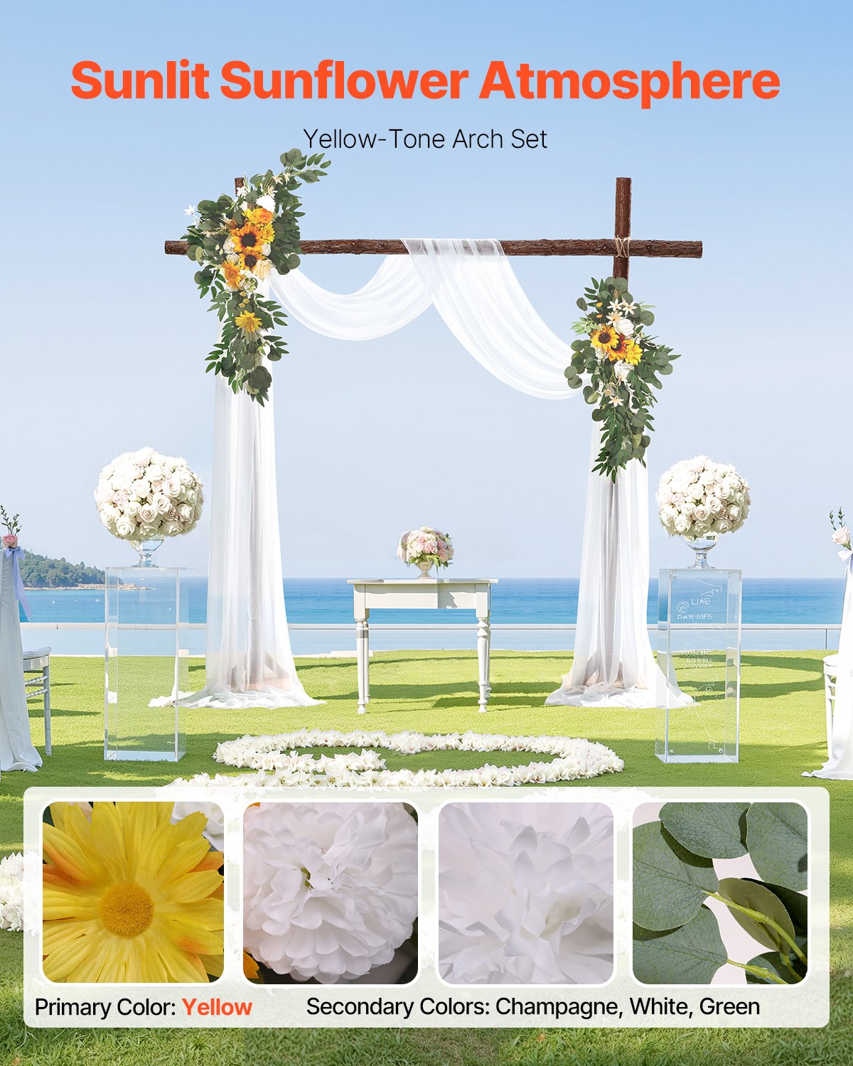 Artificial Wedding Arch Flowers Kit, Yellow 3Pack with Drapes for Ceremony Decor