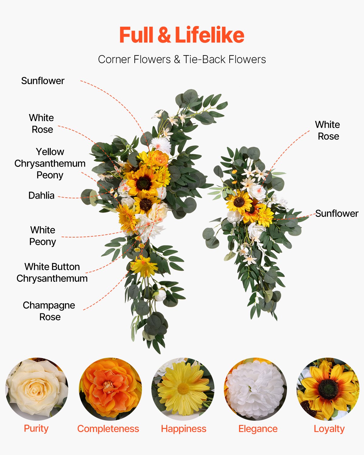 Artificial Wedding Arch Flowers Kit, Yellow 3Pack with Drapes for Ceremony Decor