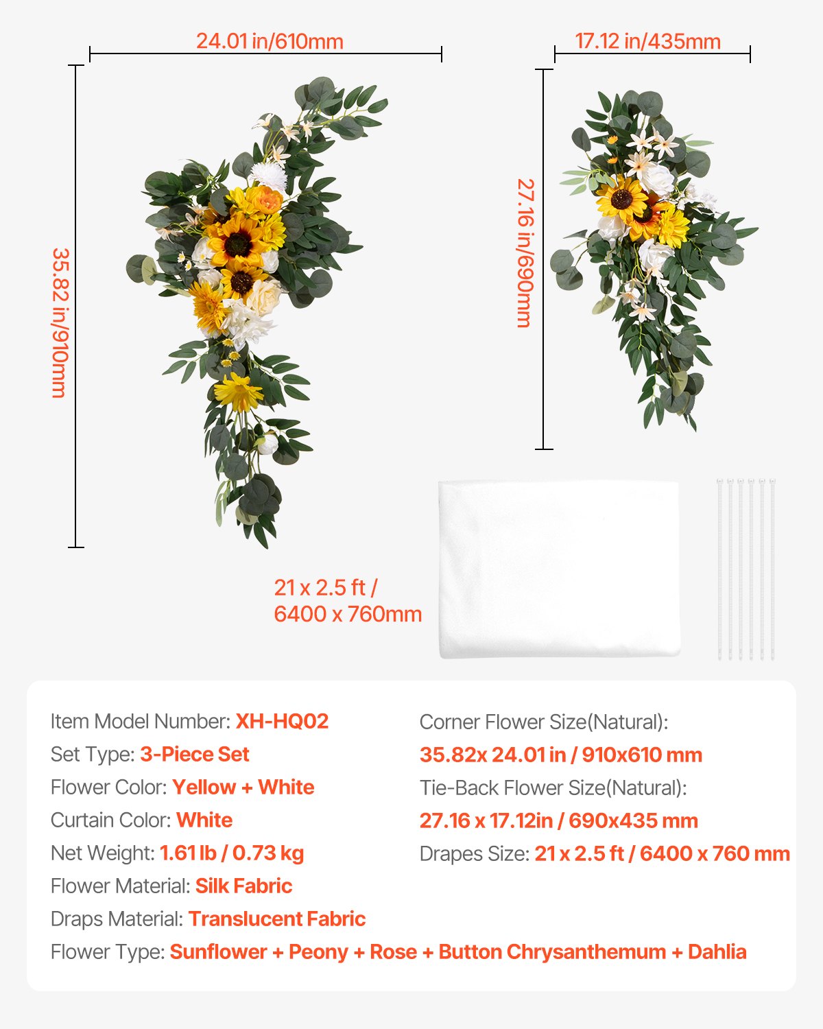 Artificial Wedding Arch Flowers Kit, Yellow 3Pack with Drapes for Ceremony Decor