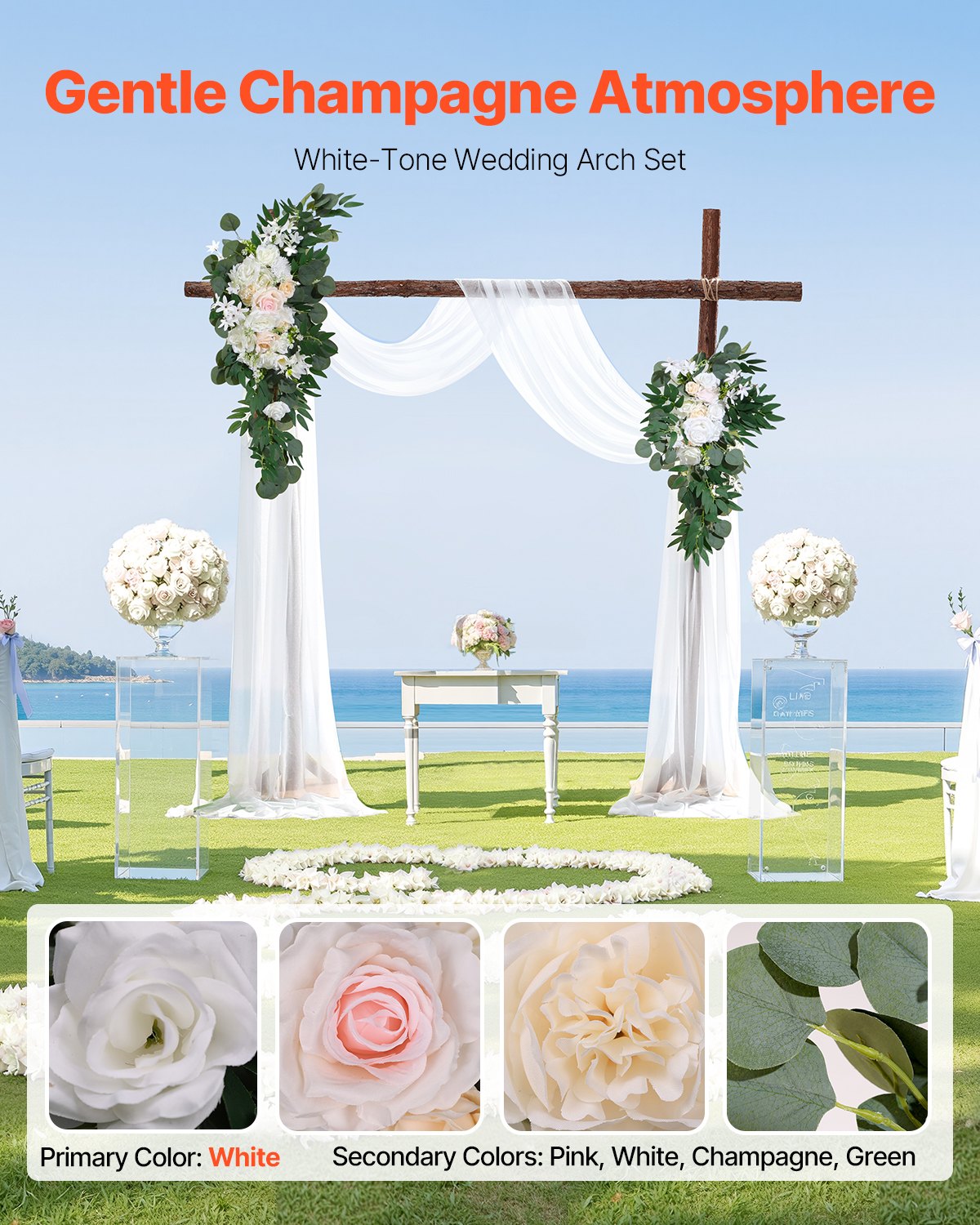 Artificial Wedding Arch Flowers Kit, White 4-Pack with Drapes for Ceremony Decor