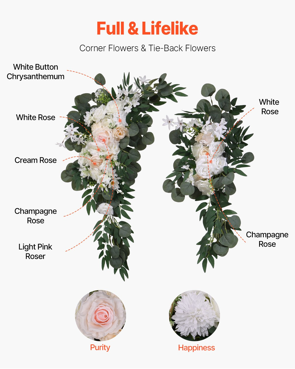Artificial Wedding Arch Flowers Kit, White 4-Pack with Drapes for Ceremony Decor
