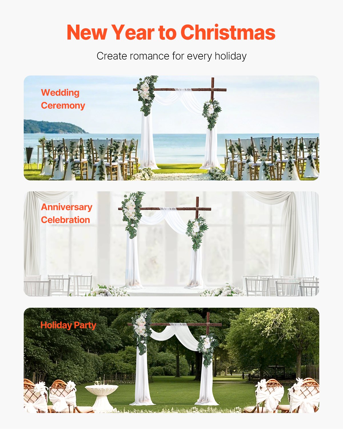 Artificial Wedding Arch Flowers Kit, White 4-Pack with Drapes for Ceremony Decor