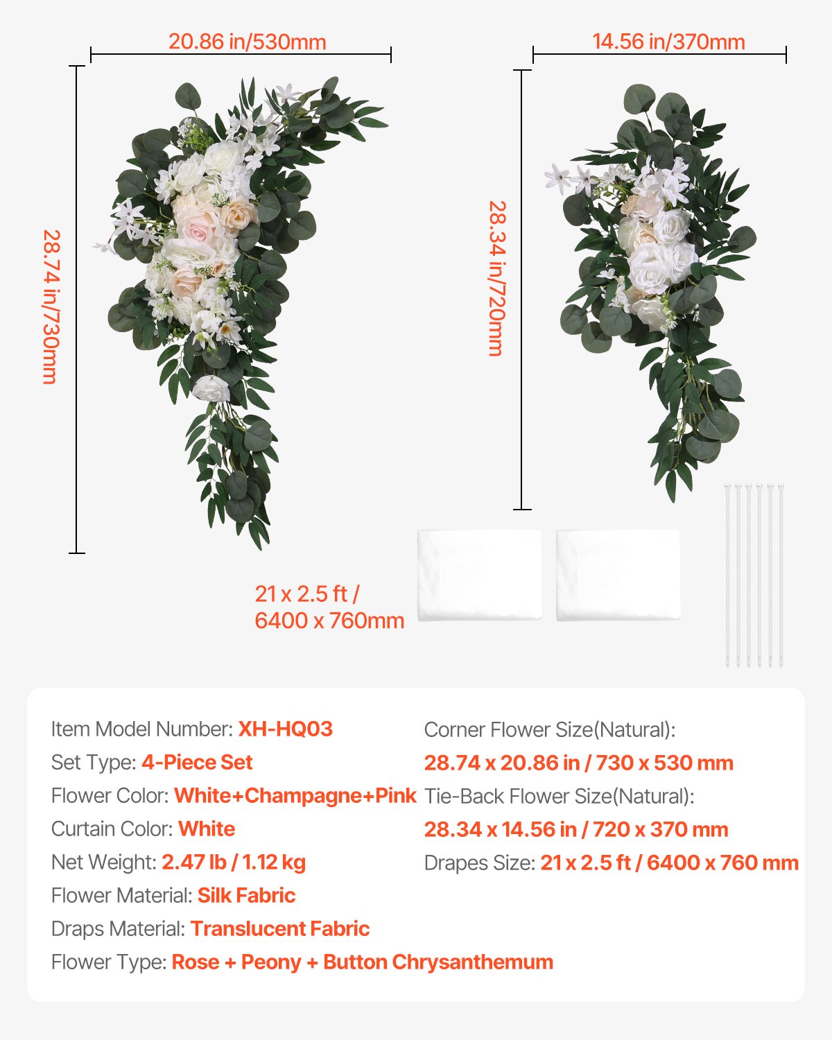 Artificial Wedding Arch Flowers Kit, White 4-Pack with Drapes for Ceremony Decor