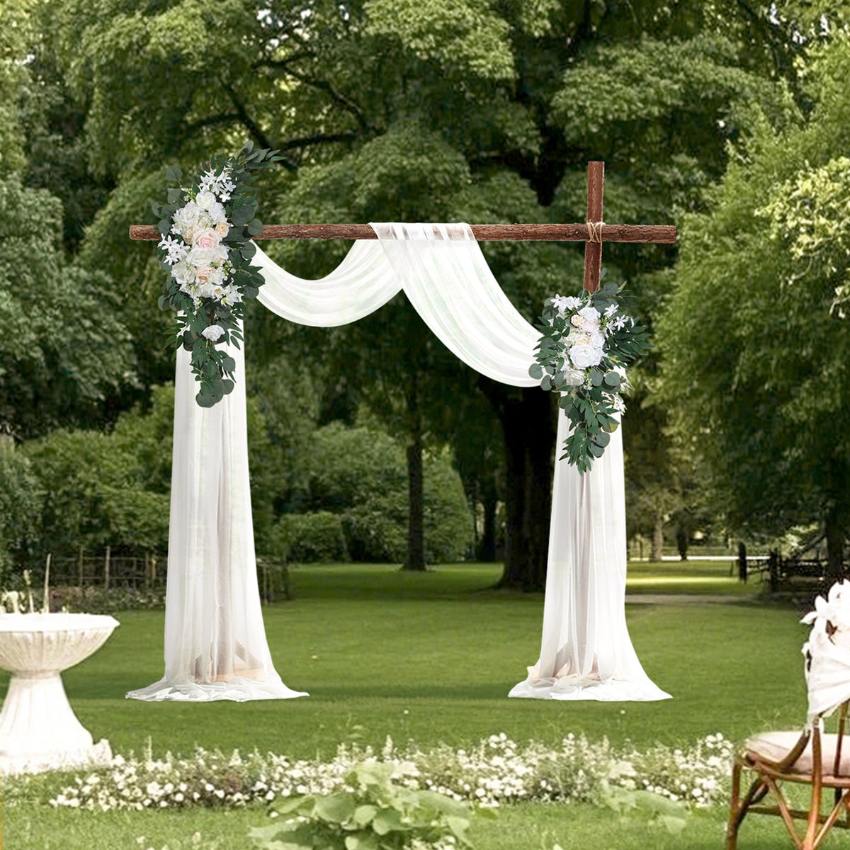 Artificial Wedding Arch Flowers Kit, White 4-Pack with Drapes for Ceremony Decor
