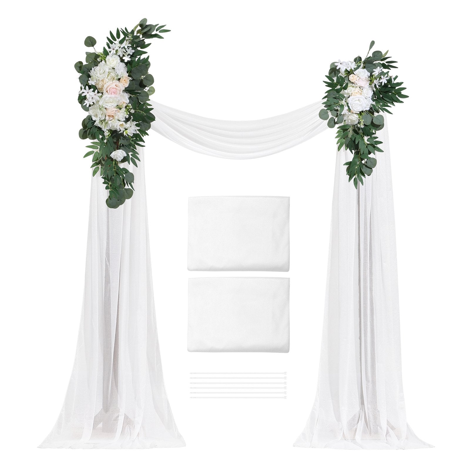 Artificial Wedding Arch Flowers Kit, White 4-Pack with Drapes for Ceremony Decor