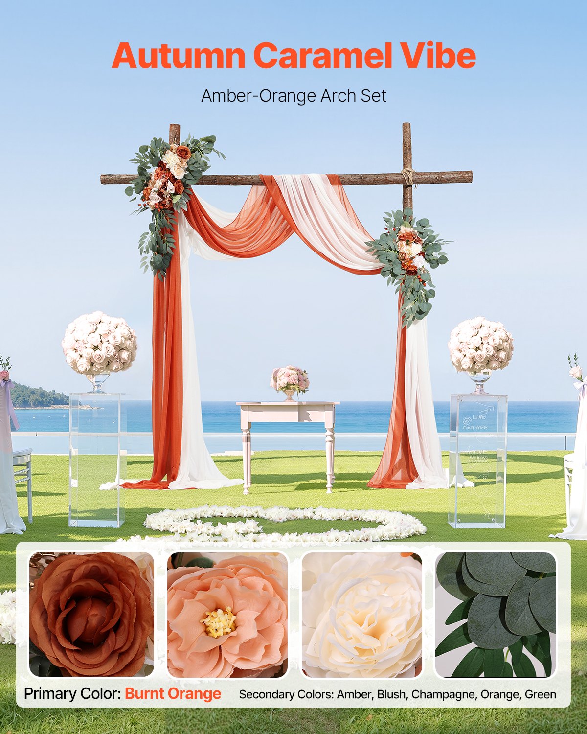 Artificial Wedding Arch Flowers Kit, Orange 4Pack with Drapes for Ceremony Decor