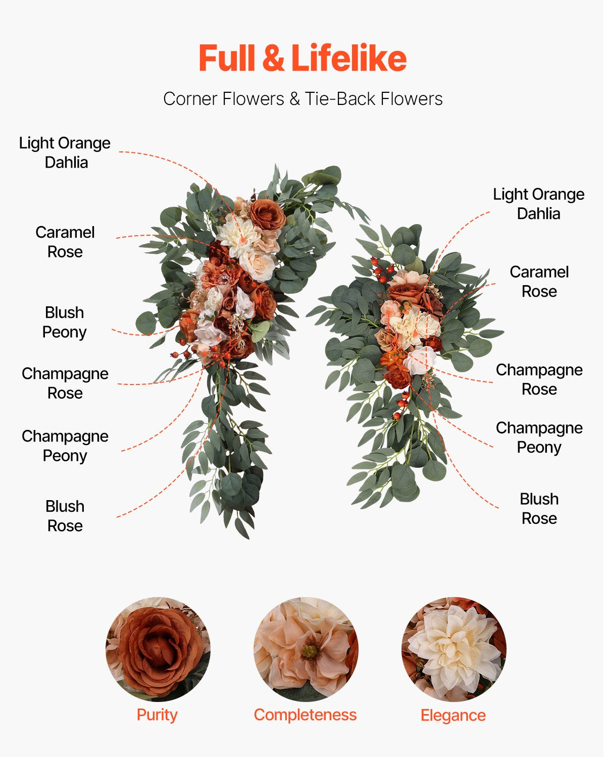 Artificial Wedding Arch Flowers Kit, Orange 4Pack with Drapes for Ceremony Decor