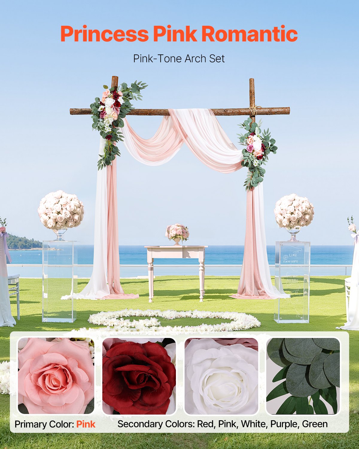 Artificial Wedding Arch Flowers Kit, Pink 4-Pack with Drapes for Ceremony Decor