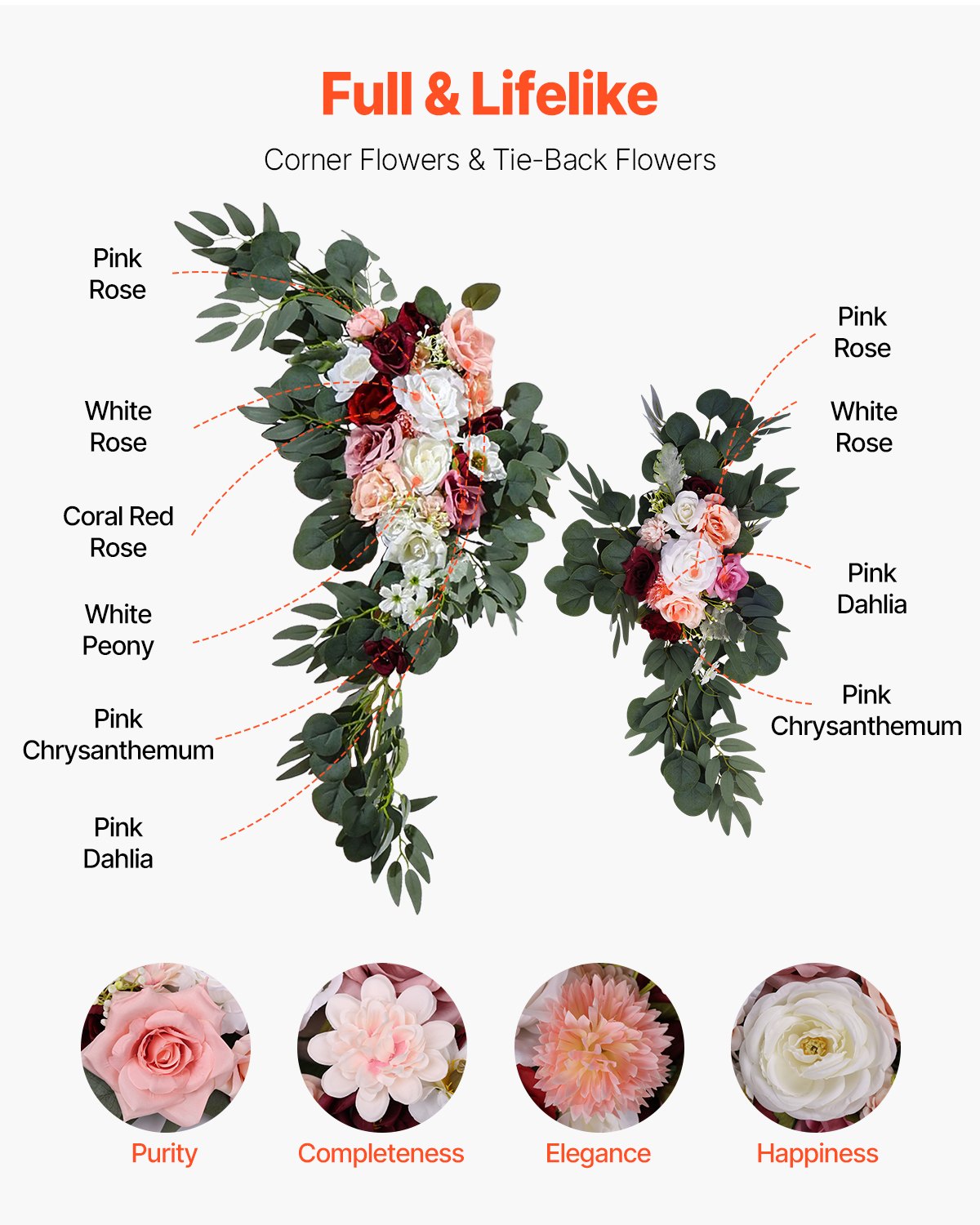 Artificial Wedding Arch Flowers Kit, Pink 4-Pack with Drapes for Ceremony Decor