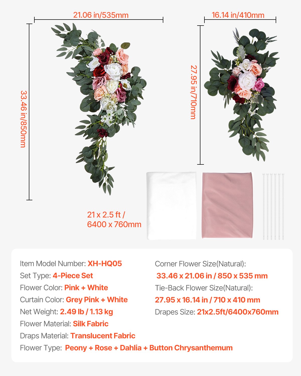 Artificial Wedding Arch Flowers Kit, Pink 4-Pack with Drapes for Ceremony Decor