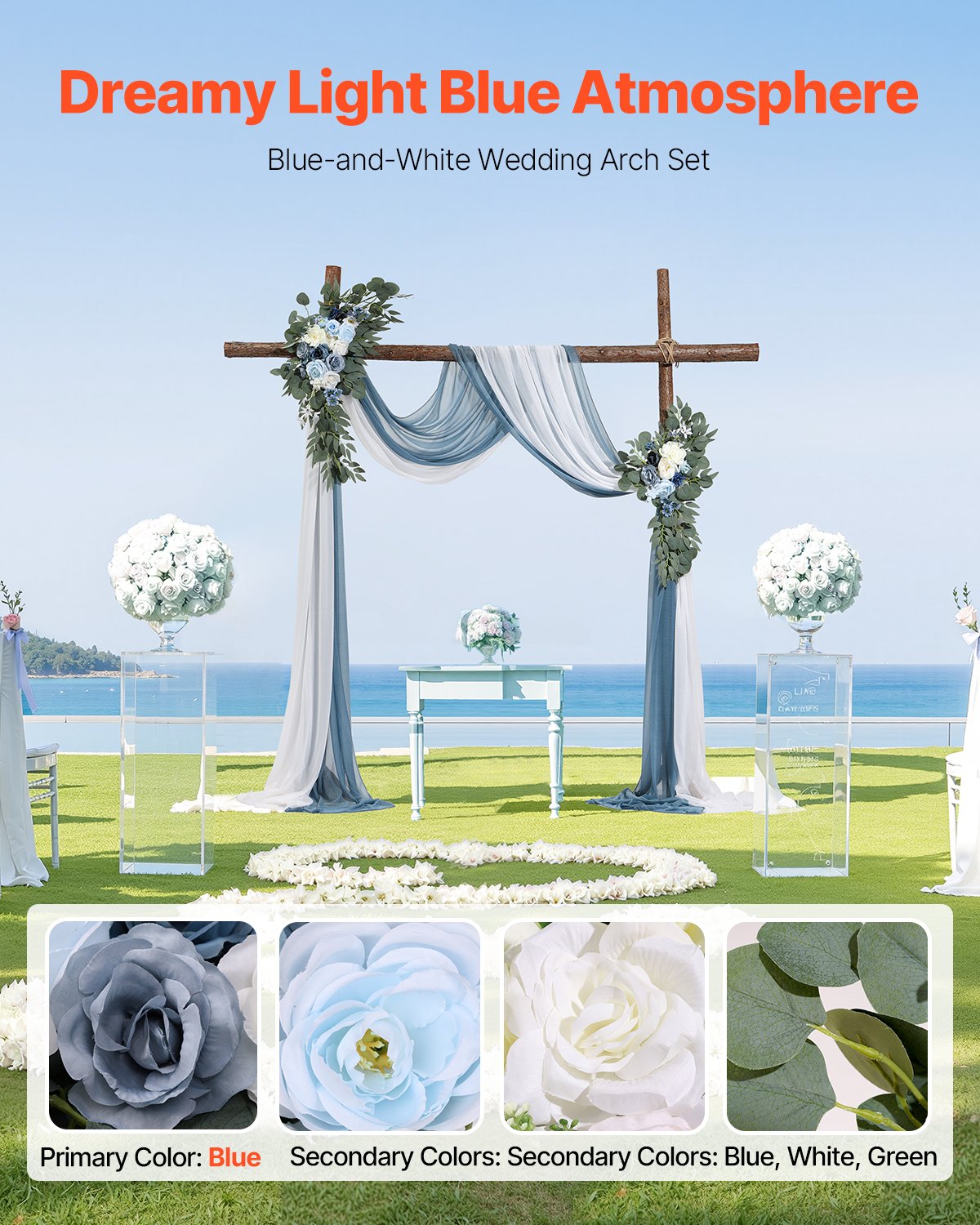 Artificial Wedding Arch Flowers Kit, Blue 4-Pack with Drapes for Ceremony Decor