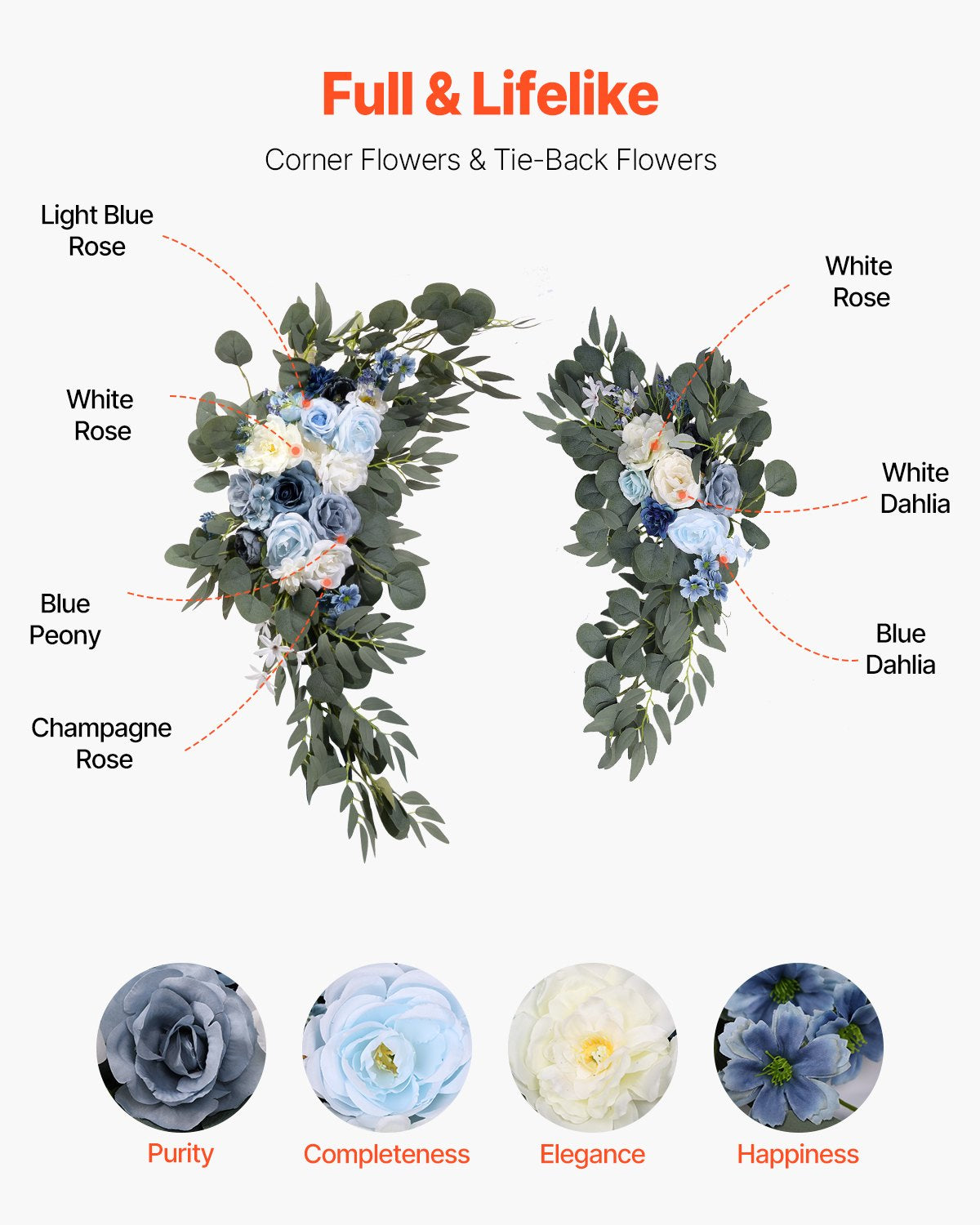 Artificial Wedding Arch Flowers Kit, Blue 4-Pack with Drapes for Ceremony Decor