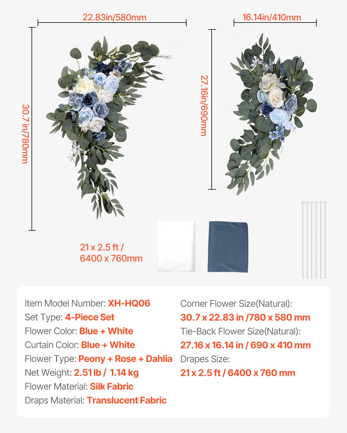 Artificial Wedding Arch Flowers Kit, Blue 4-Pack with Drapes for Ceremony Decor