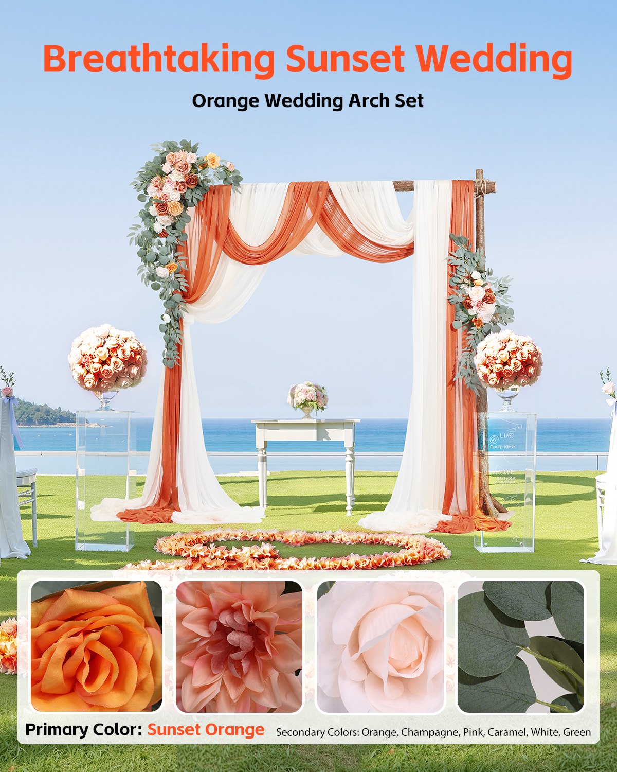 Artificial Wedding Arch Flowers Kit, Orange 5Pack with Drapes for Ceremony Decor