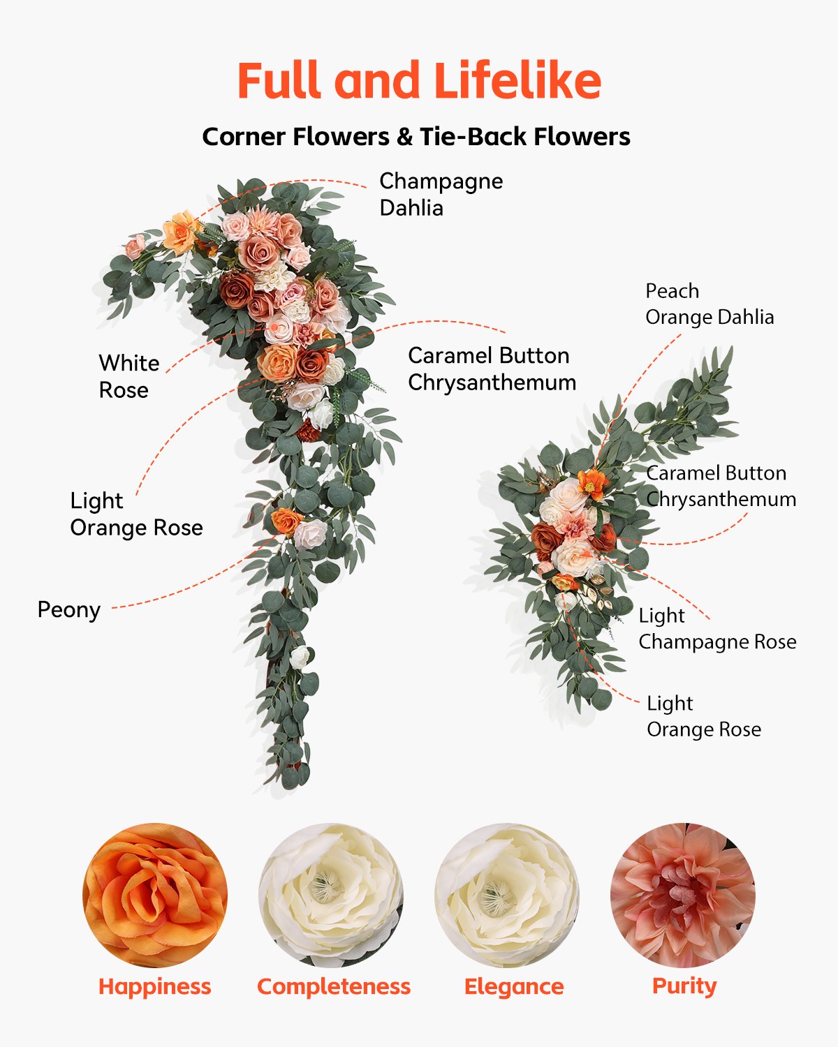 Artificial Wedding Arch Flowers Kit, Orange 5Pack with Drapes for Ceremony Decor