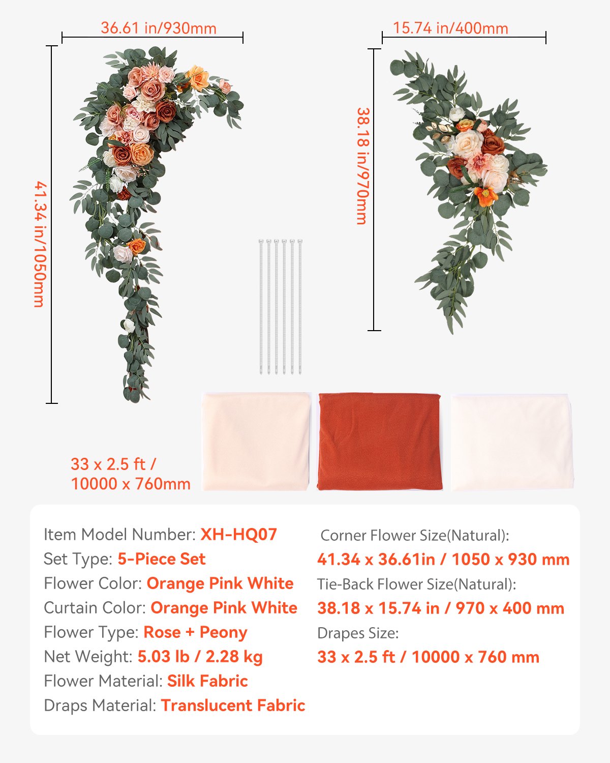 Artificial Wedding Arch Flowers Kit, Orange 5Pack with Drapes for Ceremony Decor