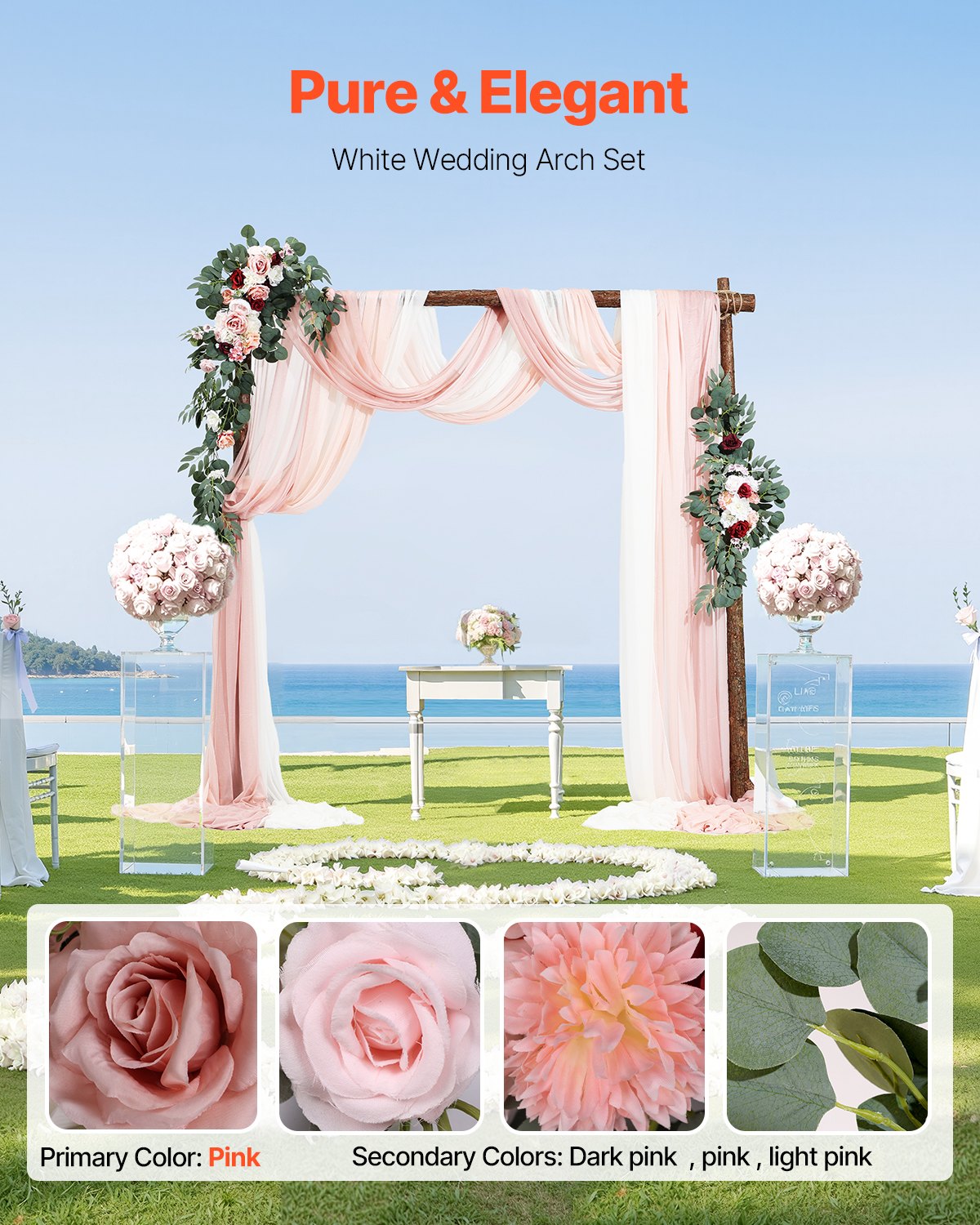 Artificial Wedding Arch Flowers Kit, Pink 5-Pack with Drapes for Ceremony Decor