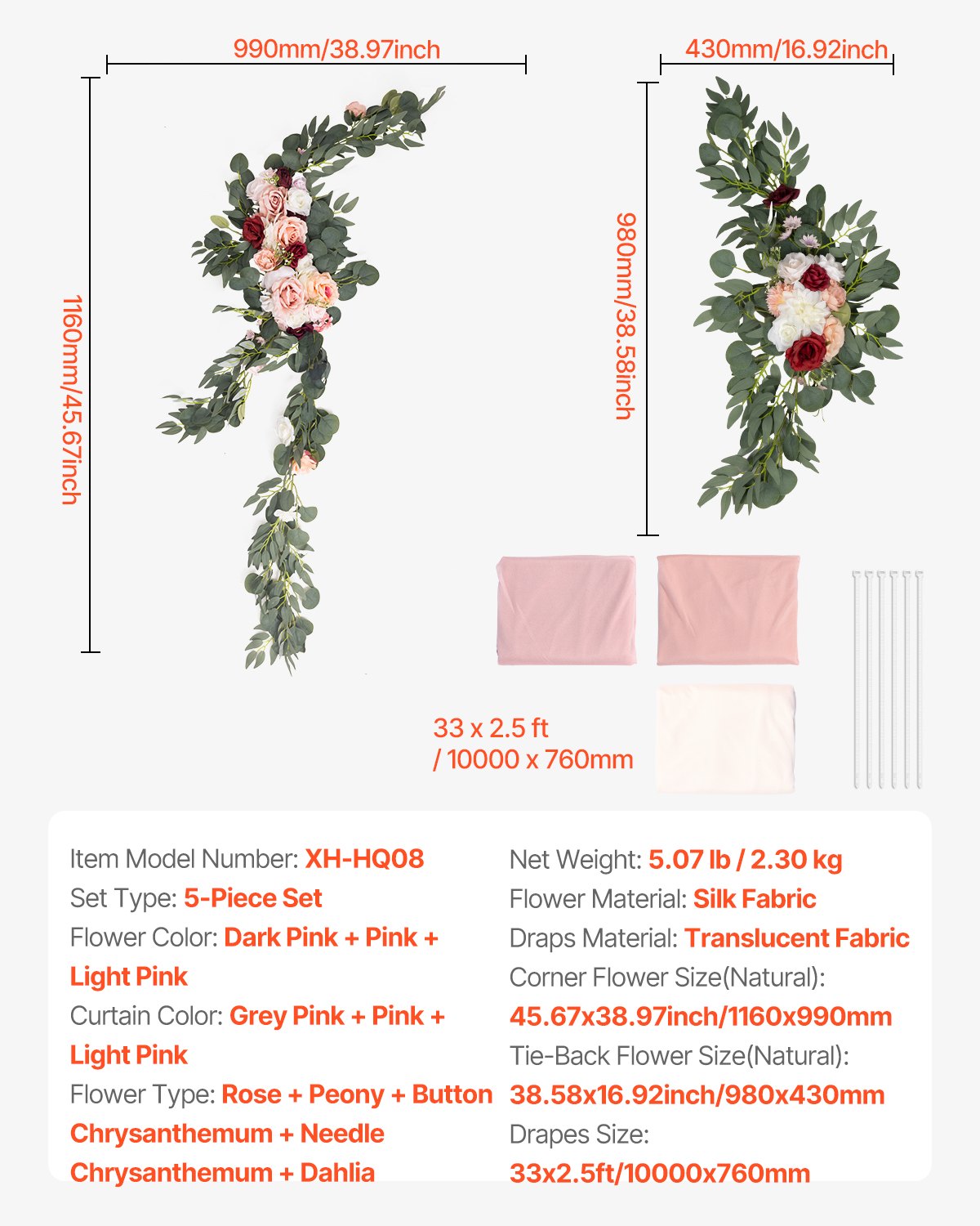 Artificial Wedding Arch Flowers Kit, Pink 5-Pack with Drapes for Ceremony Decor
