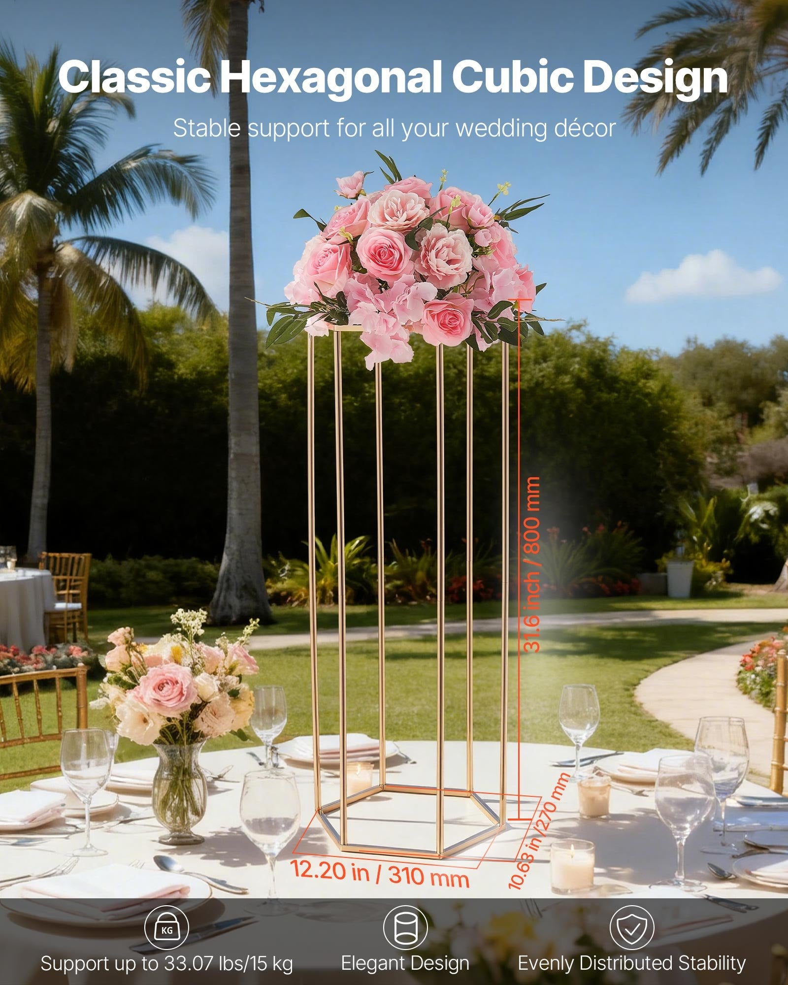 Wedding Flower Stand 10PCS 80cm Acrylic Hexagonal Gold Floral Centerpiece Stand
