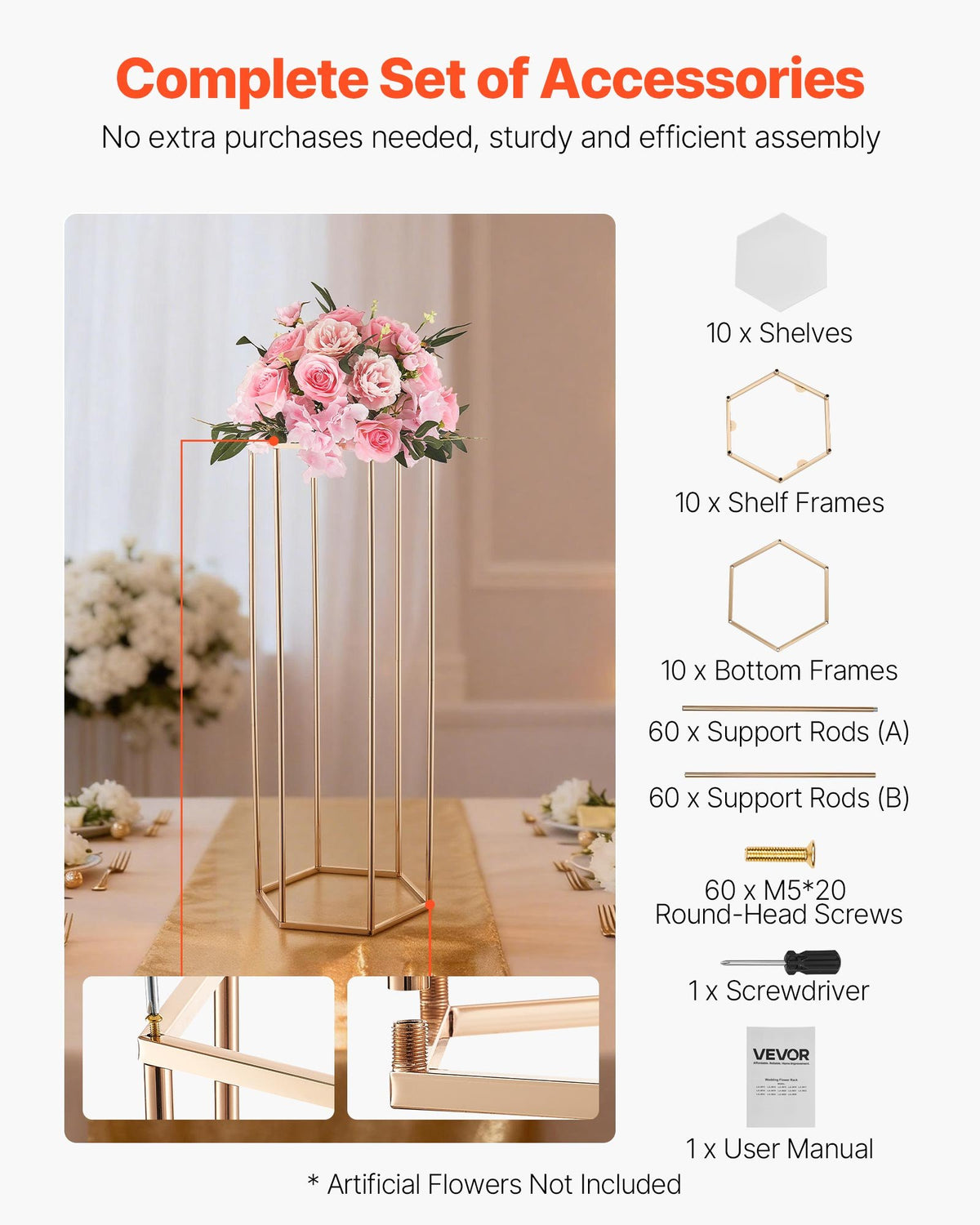 Wedding Flower Stand 10PCS 80cm Acrylic Hexagonal Gold Floral Centerpiece Stand