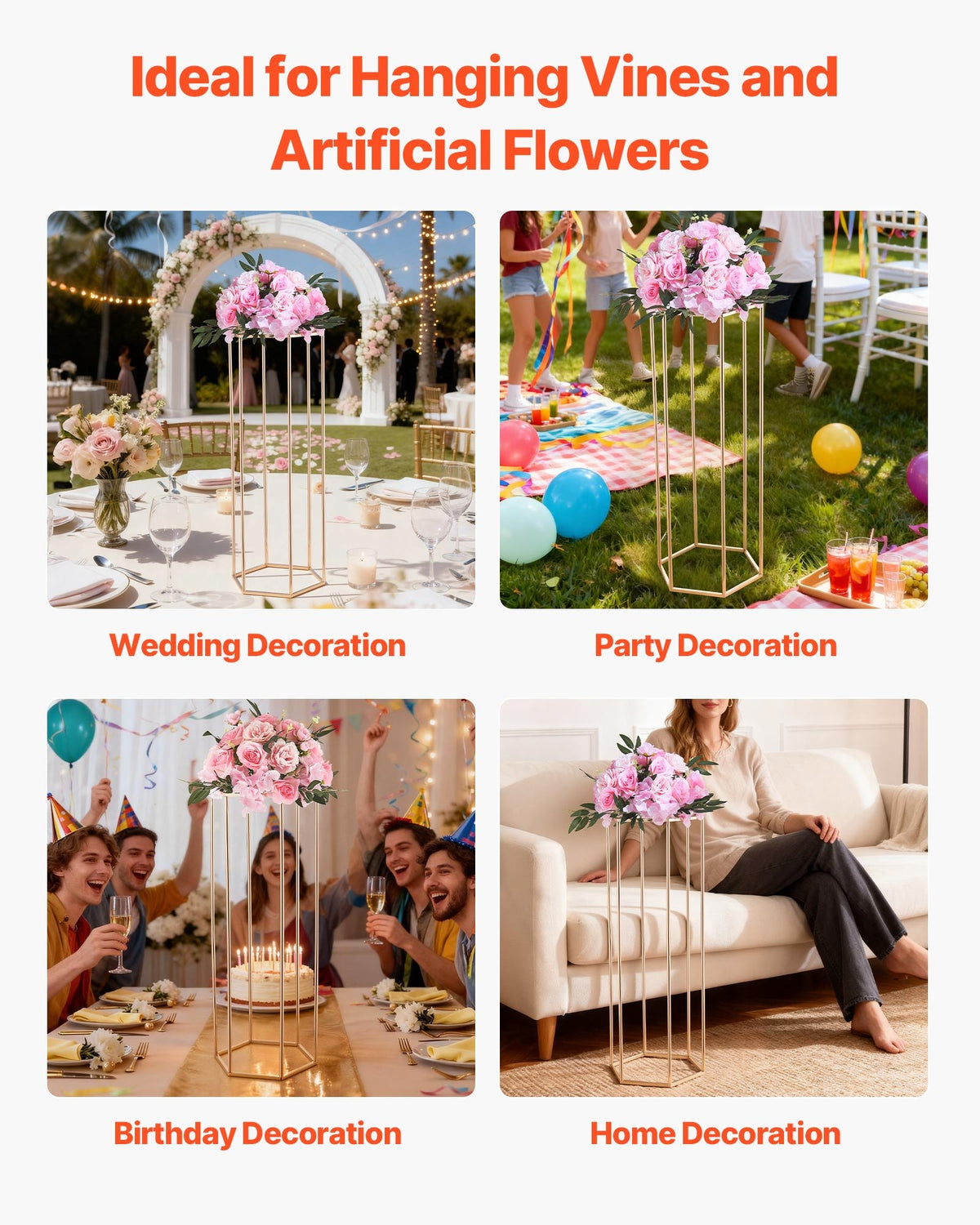 Wedding Flower Stand 10PCS 80cm Acrylic Hexagonal Gold Floral Centerpiece Stand