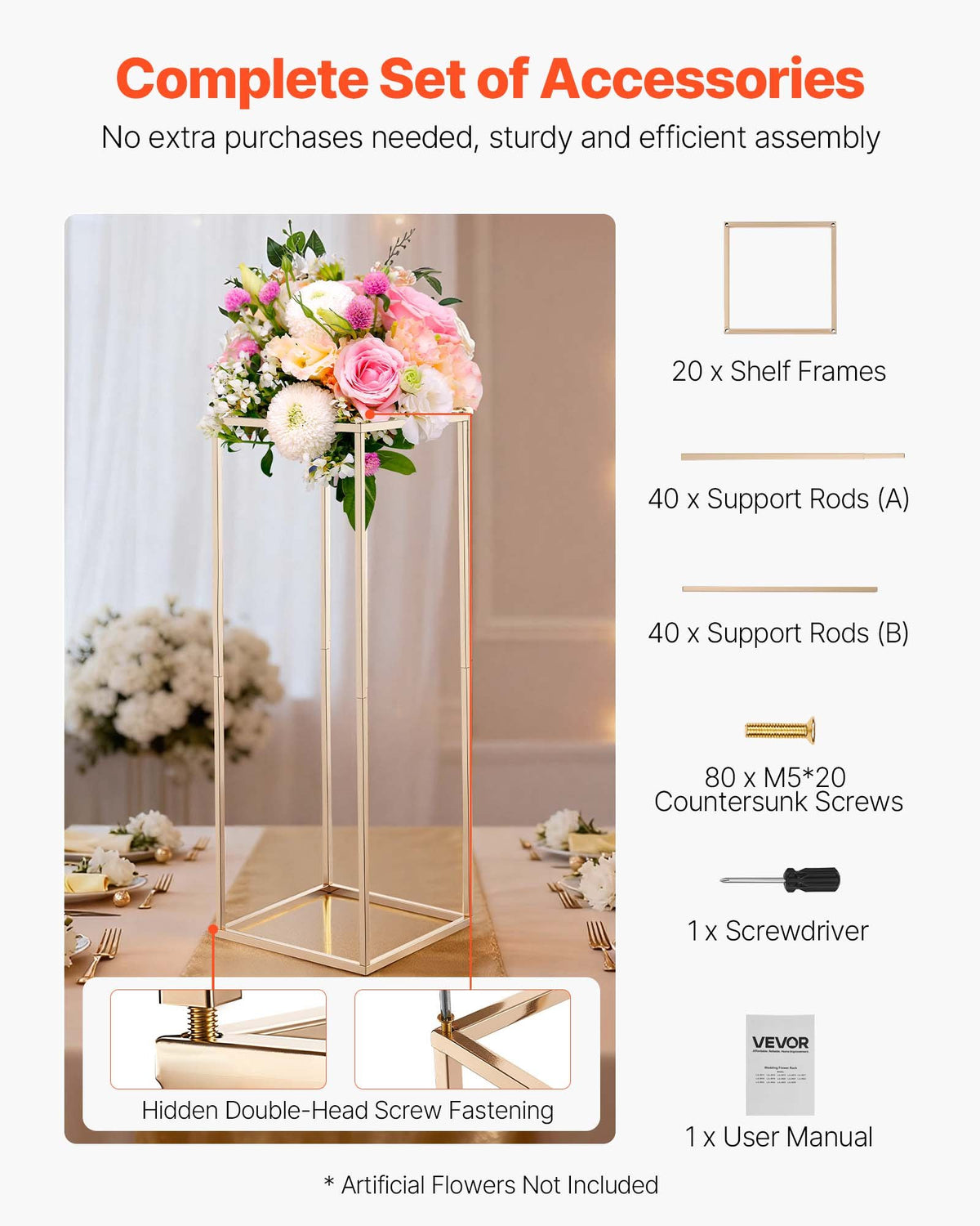 Wedding Flower Stand 10PCS 80cm Column Hidden Screw Rectangular Gold Stand