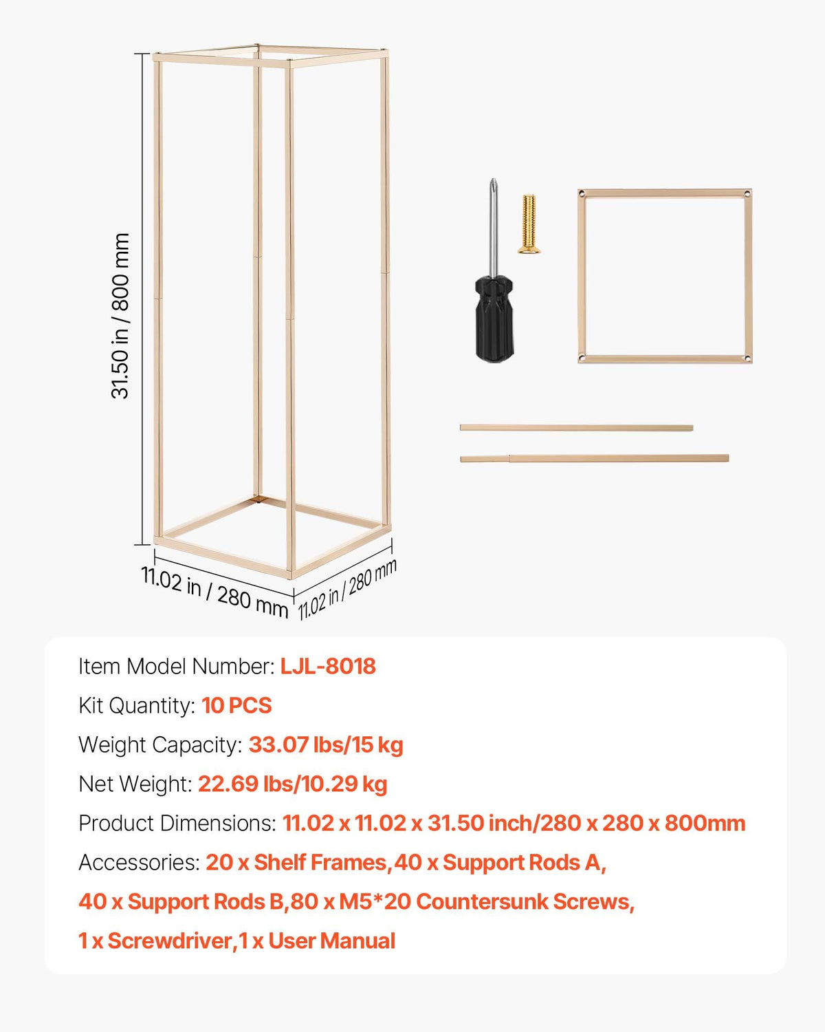 Wedding Flower Stand 10PCS 80cm Column Hidden Screw Rectangular Gold Stand