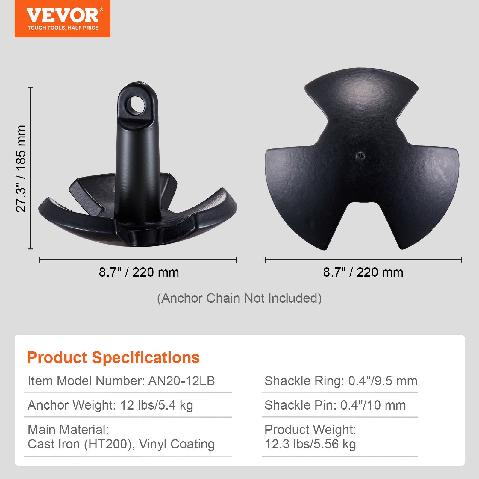 River Anchor 12 lbs Cast Iron Vinyl-Coated Mushroom Anchor with Shackle
