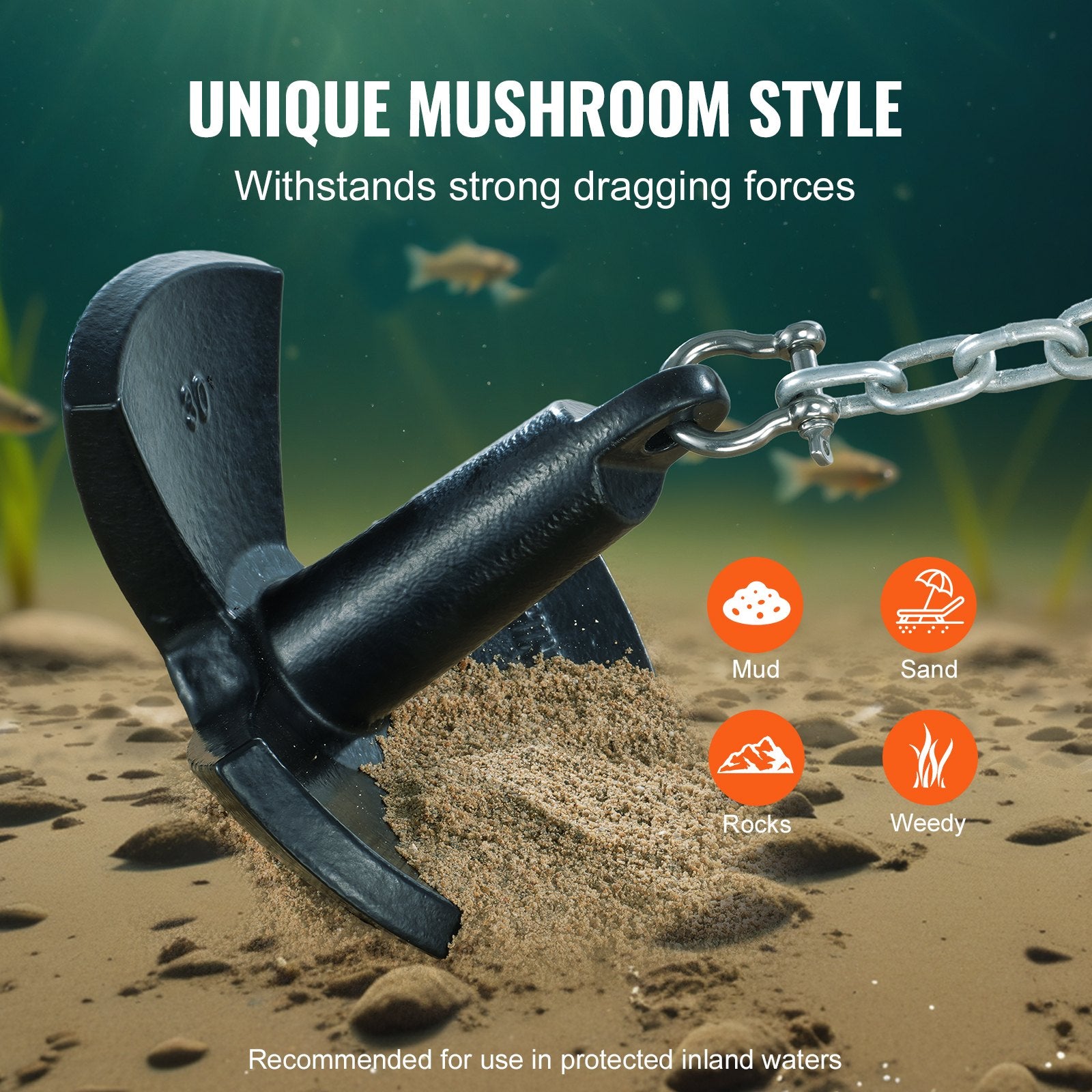 River Anchor 30 lbs Cast Iron Vinyl-Coated Mushroom Anchor for Boats Up to 30 ft