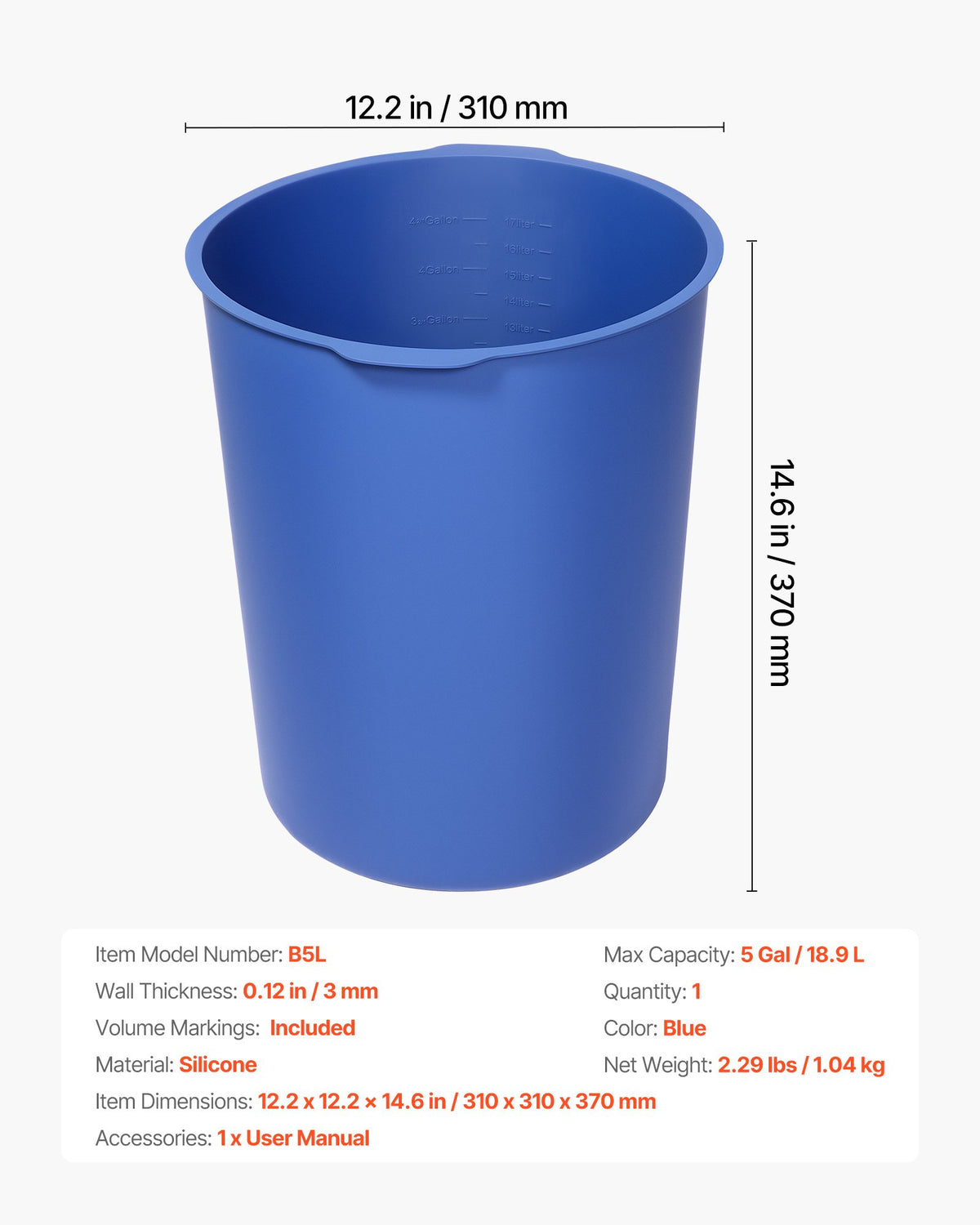 18.9L Bucket Liner for Concrete Mix, Reusable Silicone Mortar Mixer Insert, Blue