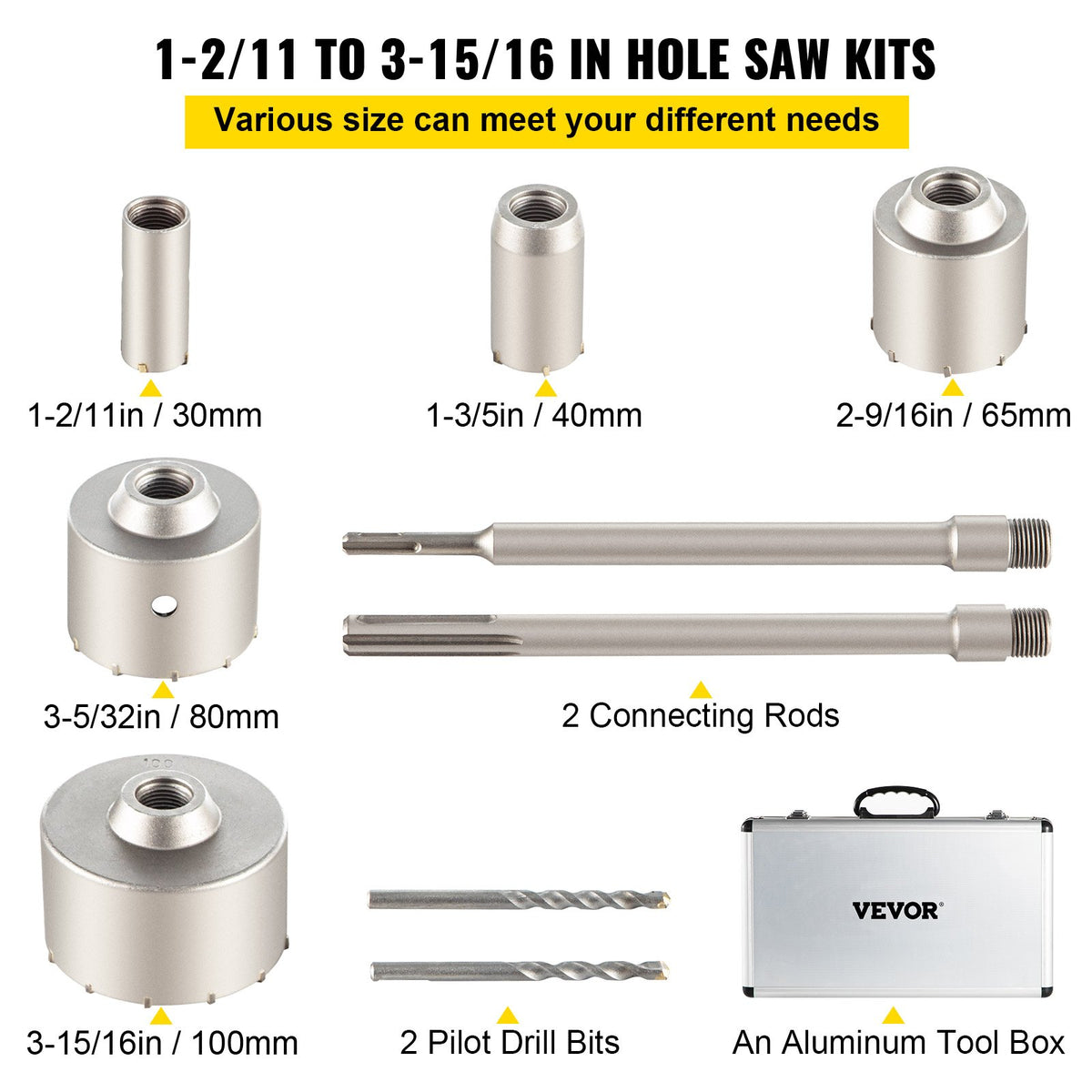 Concrete Hole Saw Kit, Wall Hole Opener 30-100mm SDS Plus or SDS Max Shank