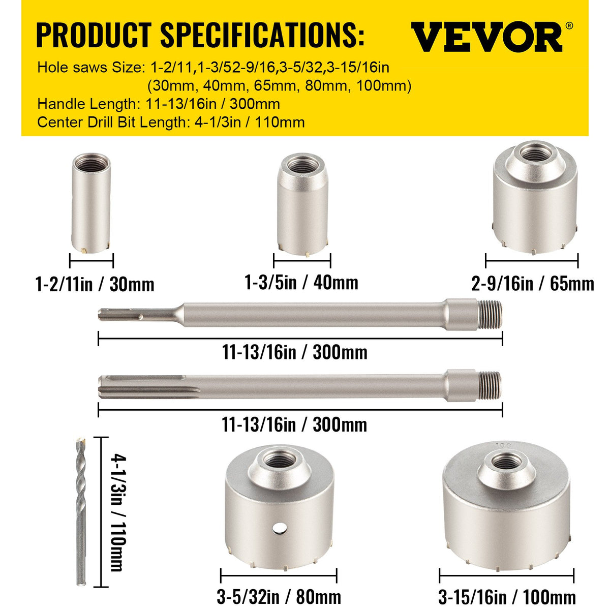 Concrete Hole Saw Kit, Wall Hole Opener 30-100mm SDS Plus or SDS Max Shank