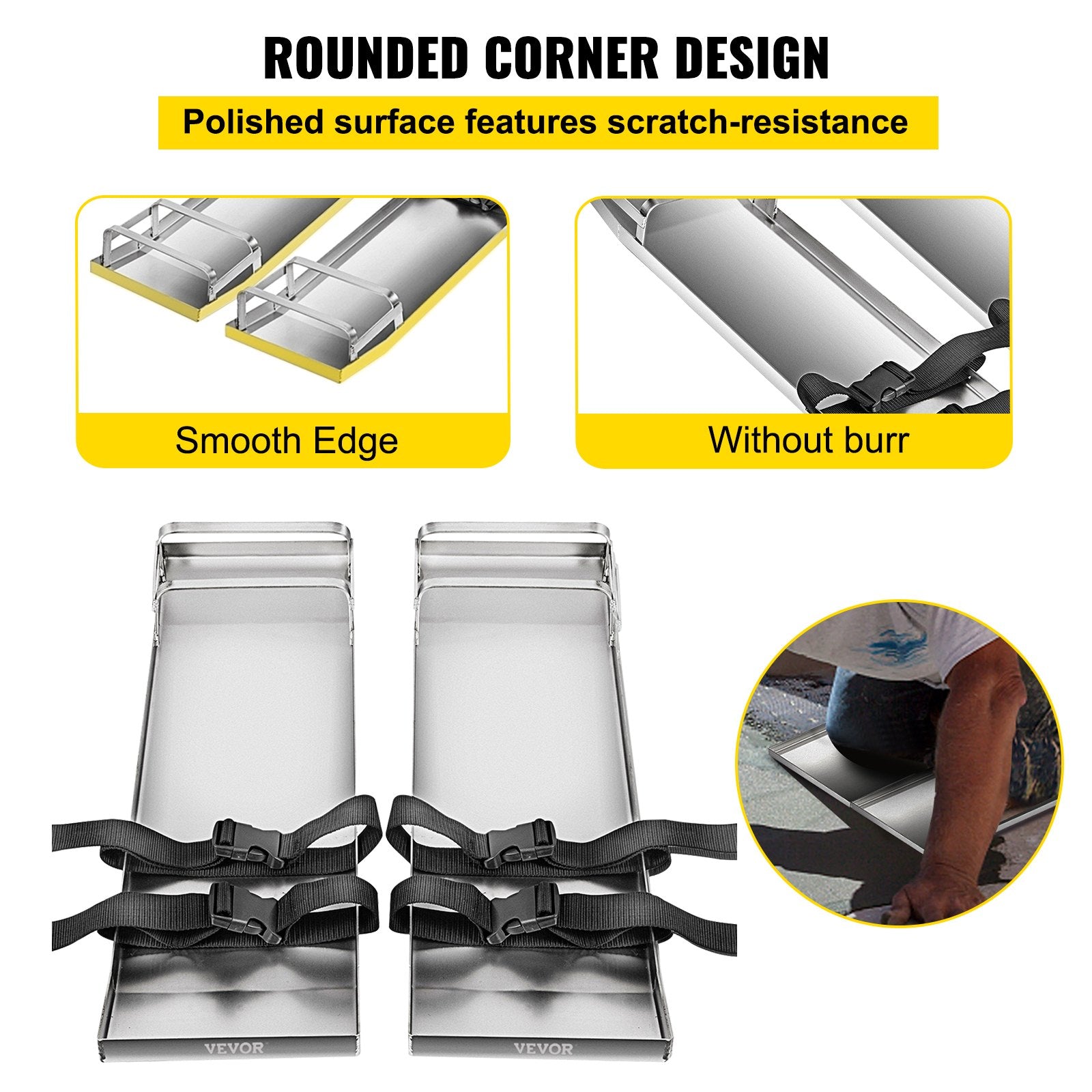 Concrete Knee Boards 70x20cm Stainless Steel Sliders Pair with Straps for Cement