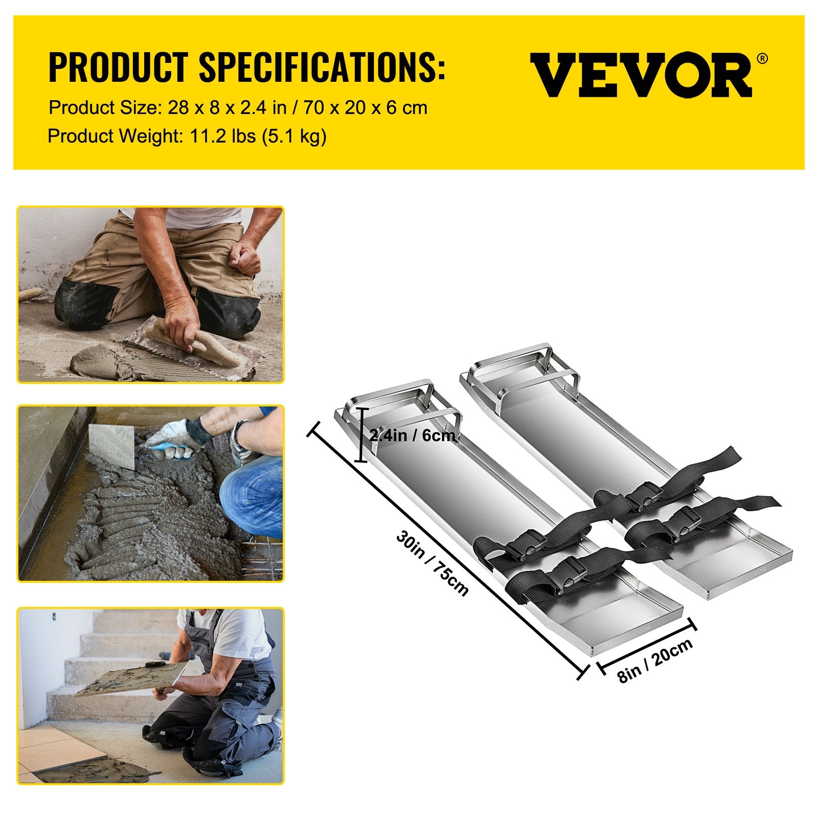 Concrete Knee Boards 70x20cm Stainless Steel Sliders Pair with Straps for Cement