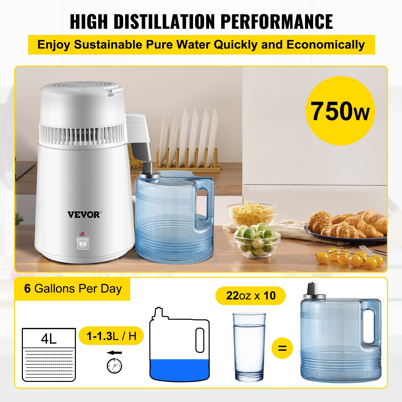 Pure Water Distiller 4L Stainless Steel 750W Water Purifier with Bottle White