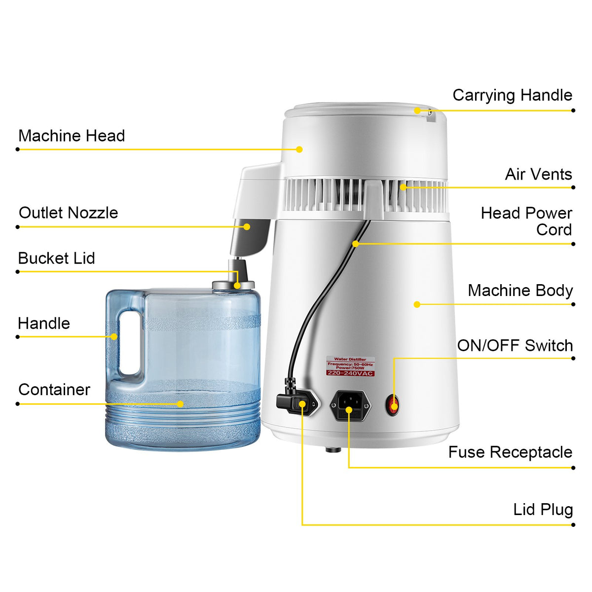 Pure Water Distiller 4L Stainless Steel 750W Water Purifier with Bottle White