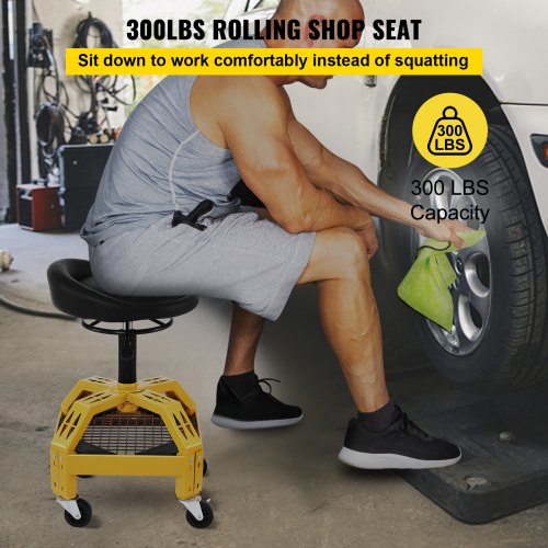 Adjustable Rolling Garage Stool Mechanic Seat with Tool Tray 360° Swivel Wheels