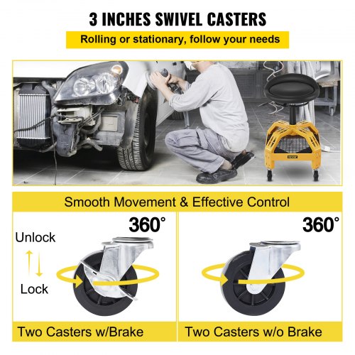 Adjustable Rolling Garage Stool Mechanic Seat with Tool Tray 360° Swivel Wheels