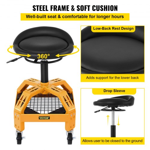 Adjustable Rolling Garage Stool Mechanic Seat with Tool Tray 360° Swivel Wheels