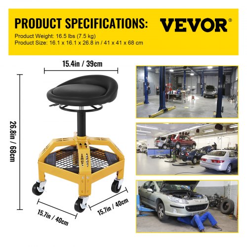 Adjustable Rolling Garage Stool Mechanic Seat with Tool Tray 360° Swivel Wheels