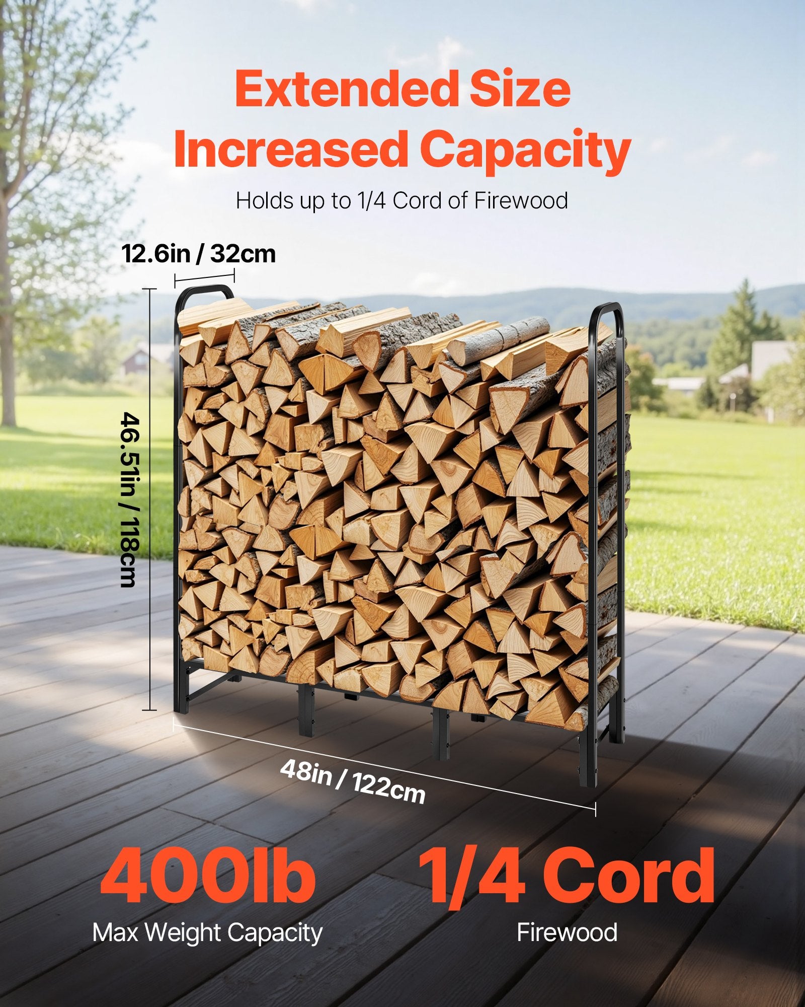 Firewood Rack with Cover 1.22m Outdoor 400lb Top Covered Powder-Coated