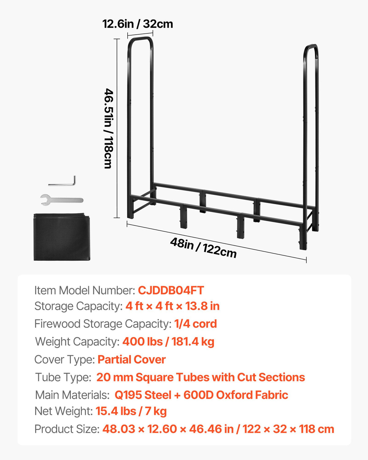 Firewood Rack with Cover 1.22m Outdoor 400lb Top Covered Powder-Coated