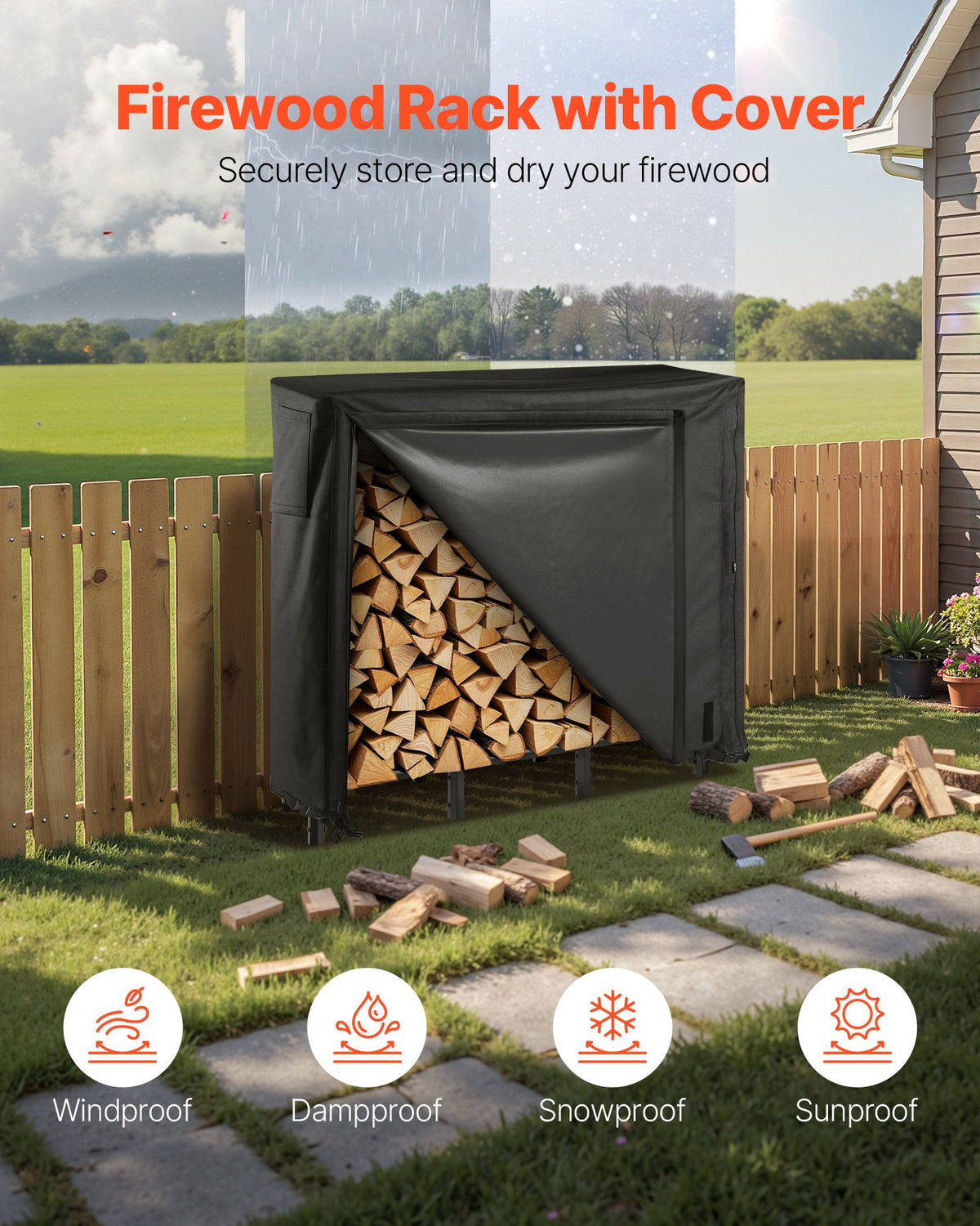 Firewood Rack with Waterproof Cover 1.22m Metal Log Holder 400lb Capacity