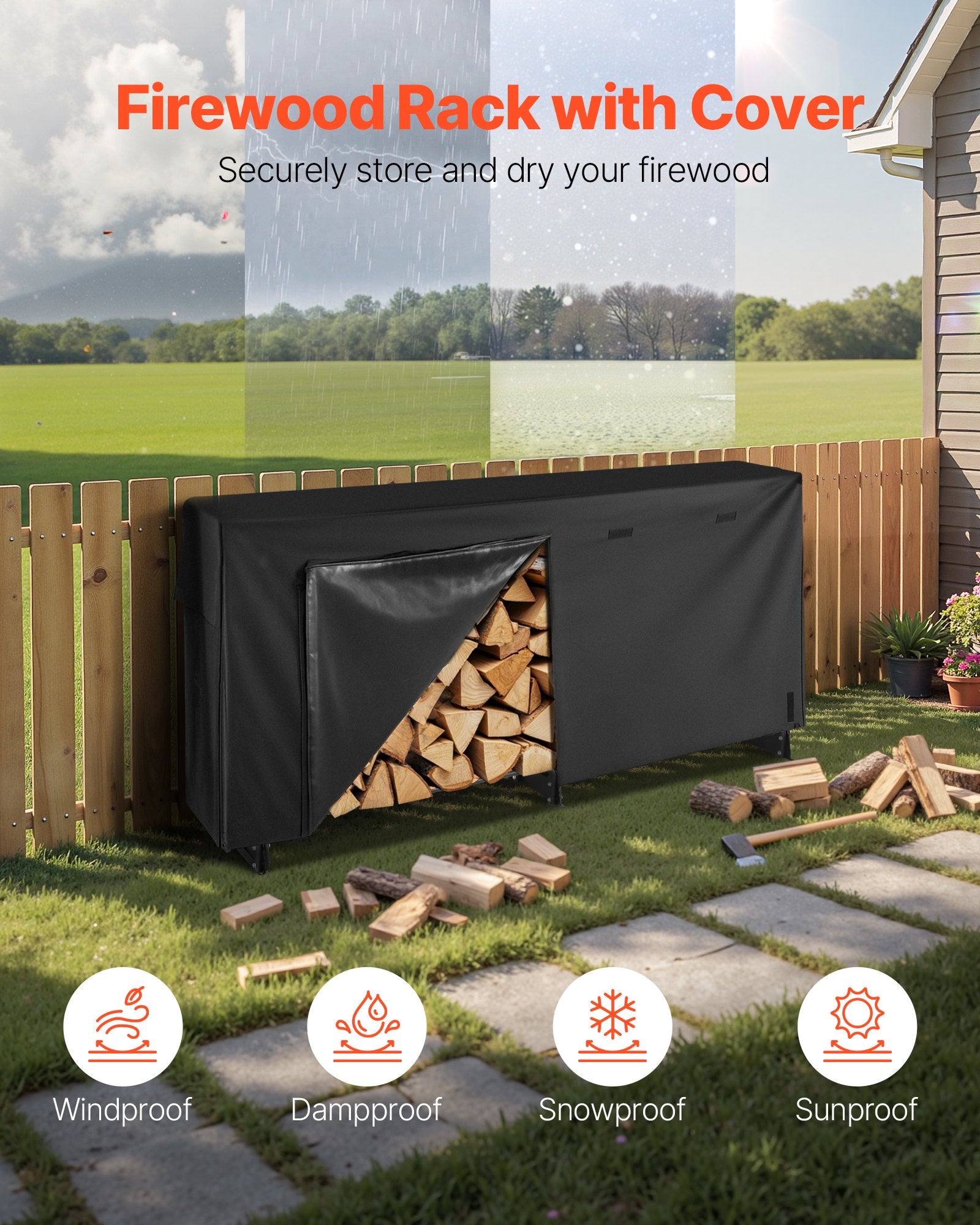 Firewood Rack with Waterproof Cover 2.57m Metal Log Holder 299kg Capacity