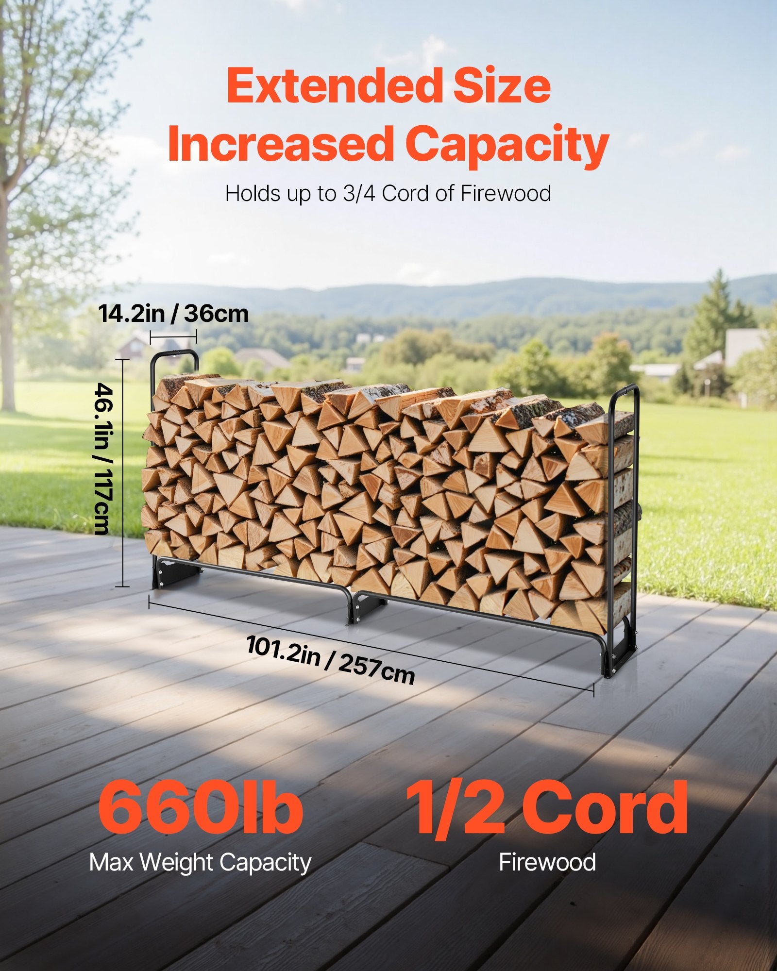 Firewood Rack with Waterproof Cover 2.57m Metal Log Holder 299kg Capacity