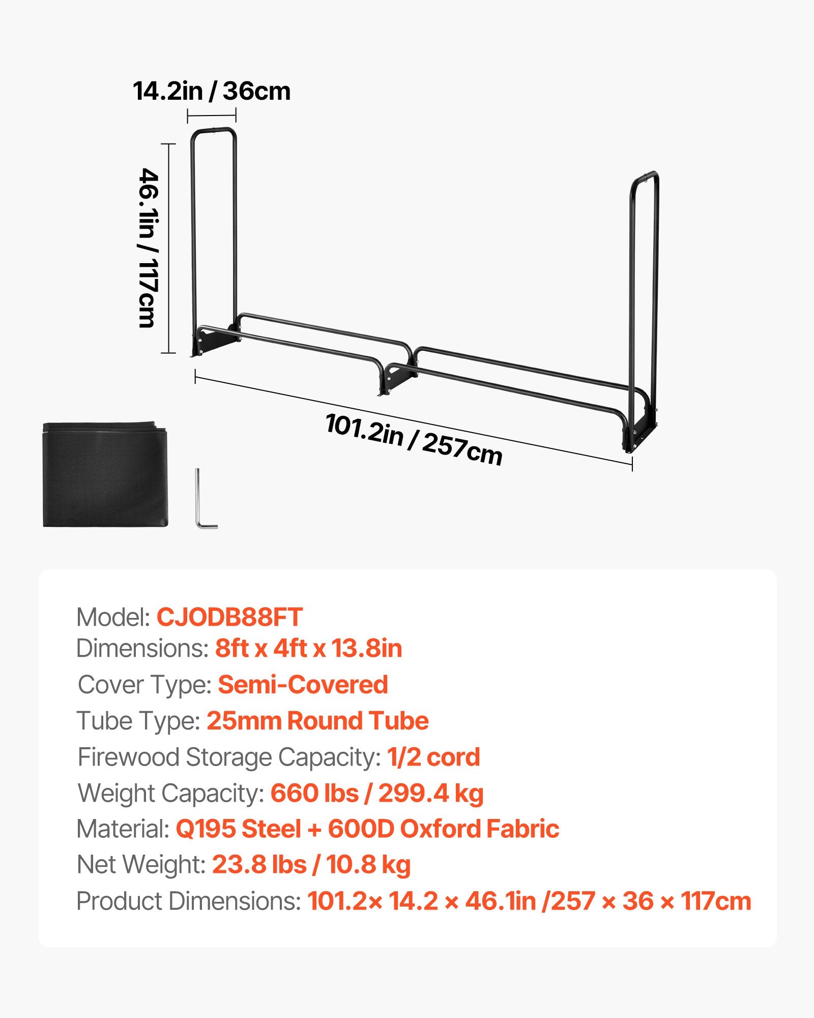 Firewood Rack with Waterproof Cover 2.57m Metal Log Holder 299kg Capacity
